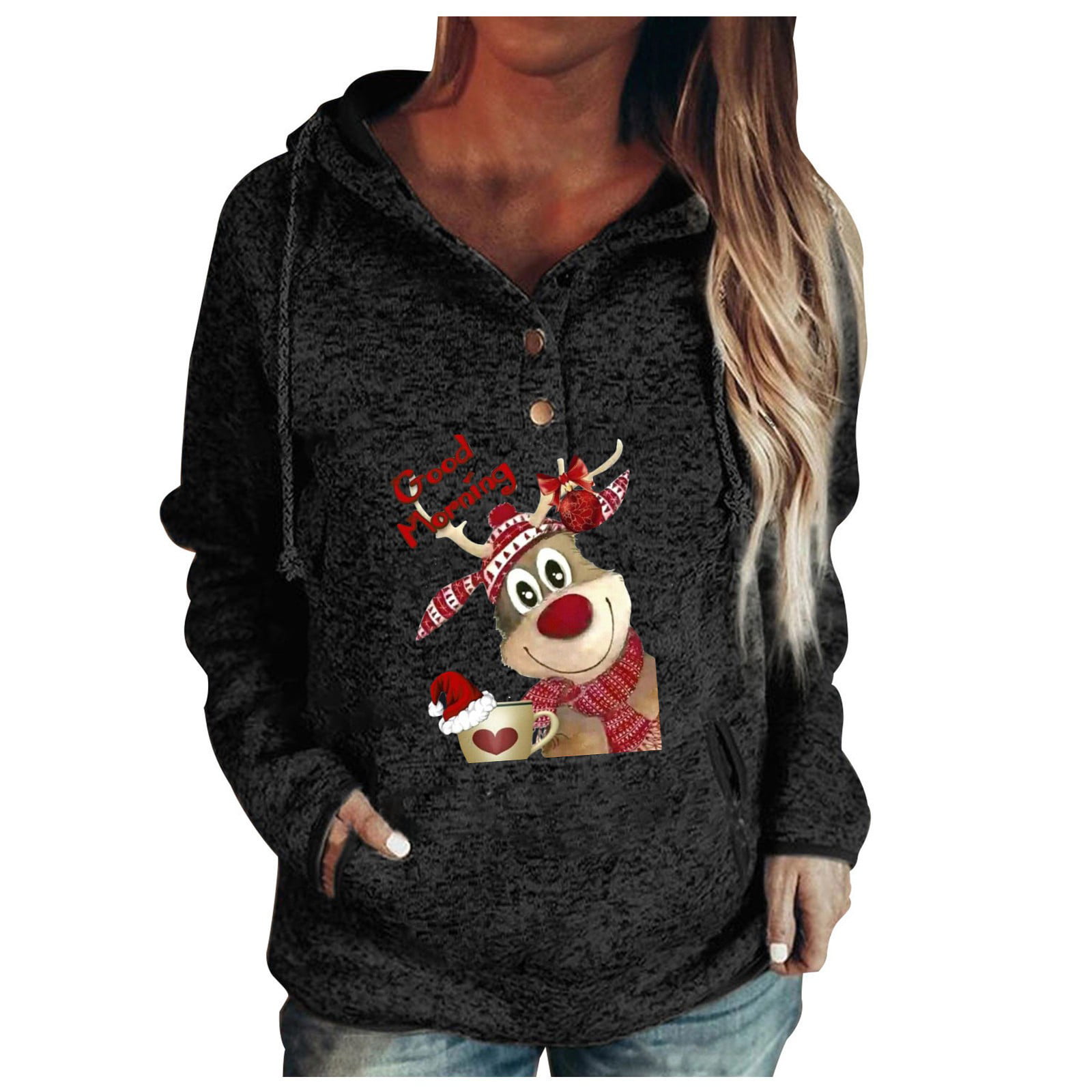 Fall Hoodies for Women 2022 Buttons Collar Christmas Hooded Sweatshirt Pullover Pockets Drawstring Top