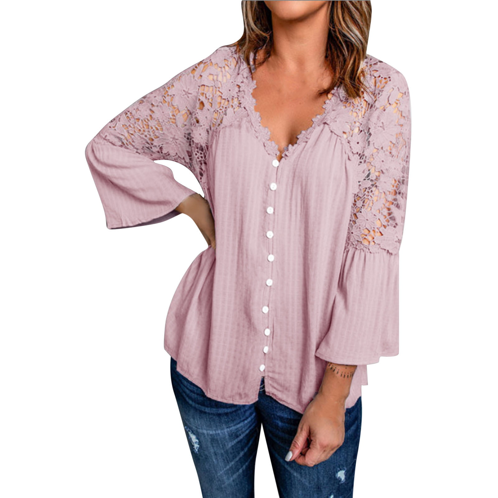 GWAABD Thermal Top for Women Womens Long Sleeve Lace Trim Tunic Tops Button Down Casual Blouse Cute V Neck Shirt