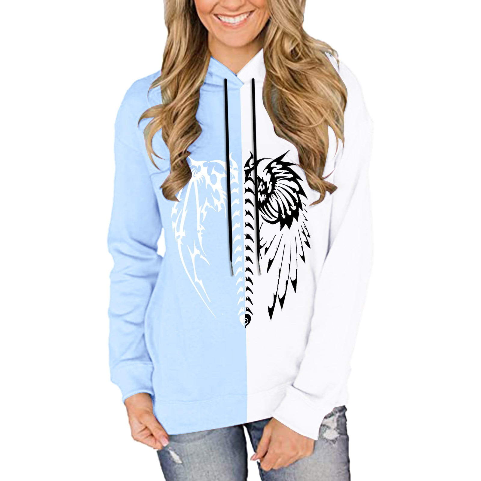 GWAABD Womens Crop Tops Womens Loose Sweatshirt Sweatshirt Long Sleeve Punk Print Paneled Pullover Hoodie