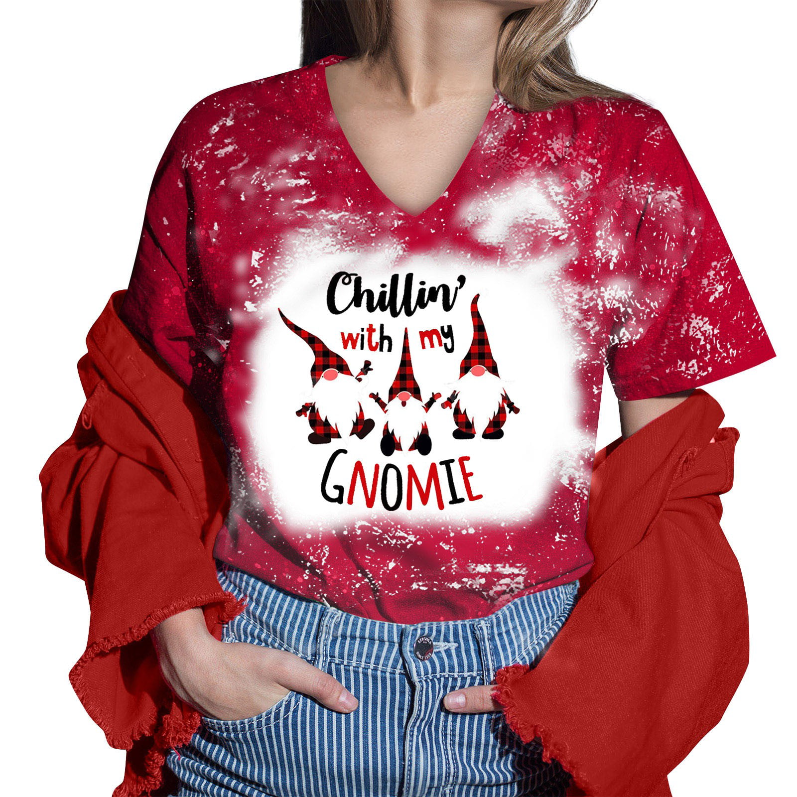 CLZOUD Women T Shirts Casual Red Women Printed Shirt for Womens Casual Short Tie Dye Sleeves Tops V Neck Tee Tunic Flower Loose Side Blouse Xl