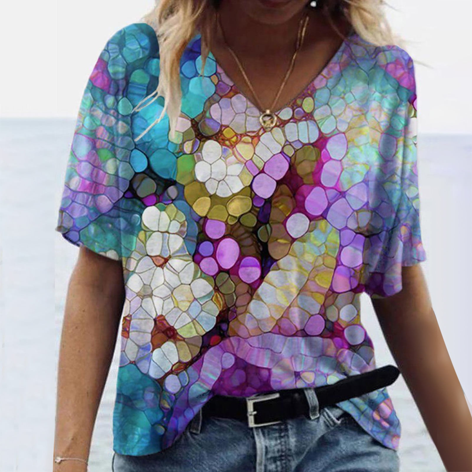 CHMORA Womens Summer Tops 2292 Casual Dressy Short Sleeve V Neck T Shirts Plus Size Floral Shirt Cute Tees Trendy Blouses Tshirt(Multicolor，L）