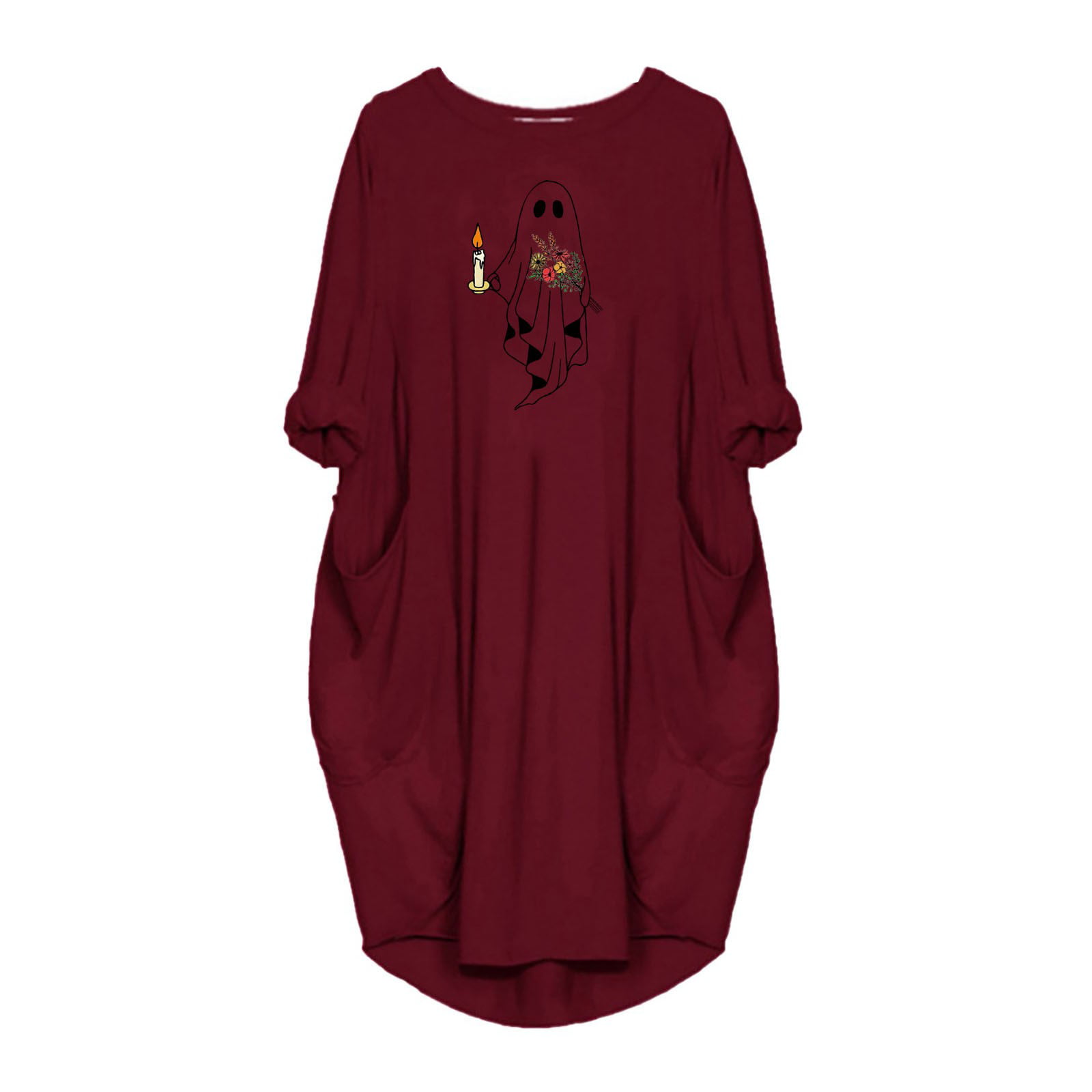 GWAABD Women S Clothing Women S Loose Dress Fun Graphic Print Crew Neck Two Pockets 3/4 Sleeve Dress