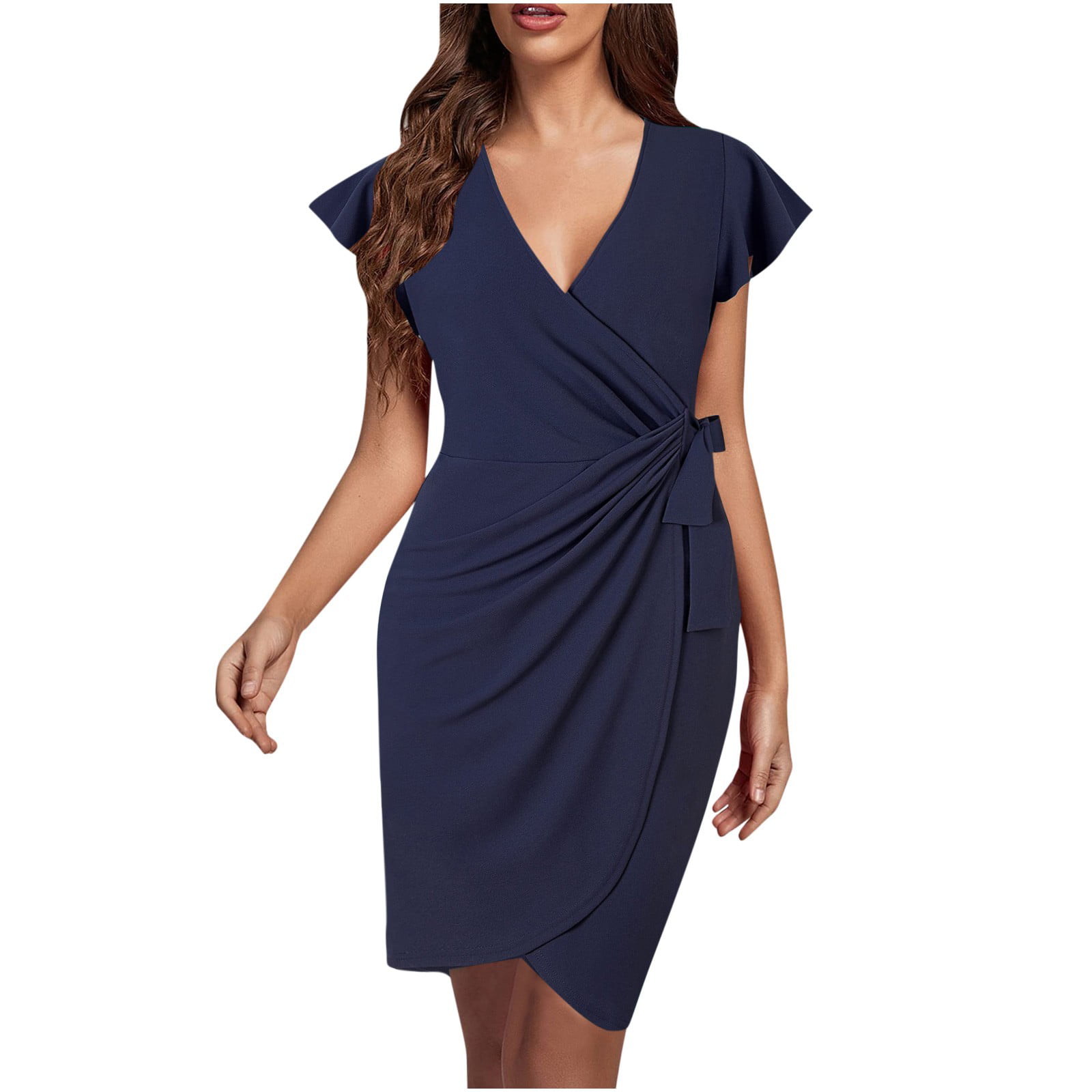 Fall Dresses for Women Clearance Deep V Neck Ruffle Sleeve Sheath Casual Cocktail Party Work Faux Wrap Dress