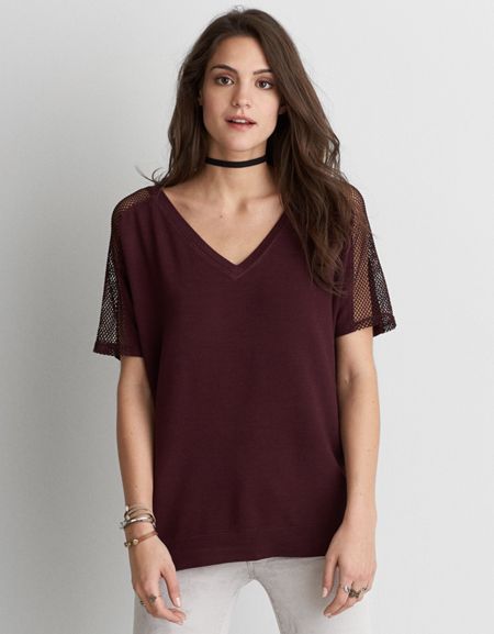Ae Mesh Shoulder Yoke V-neck Sweatshirt