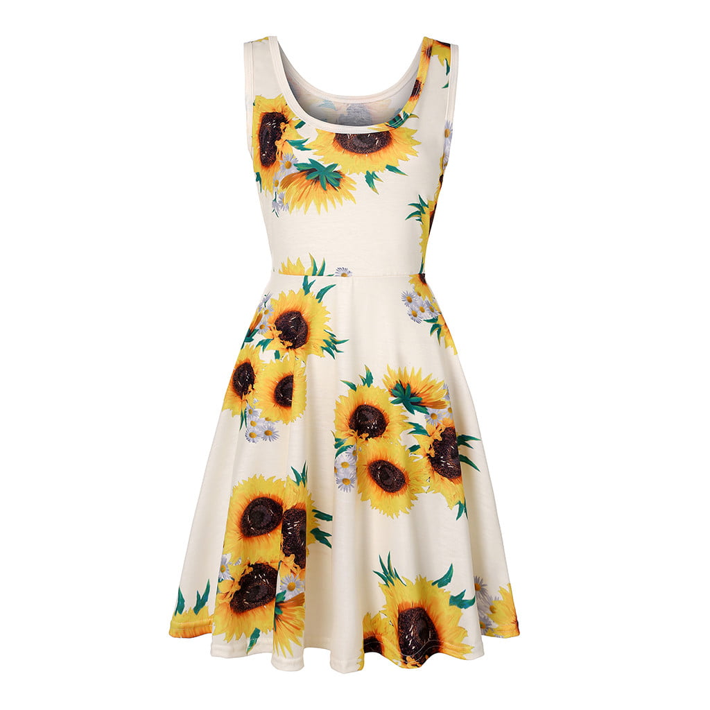 GWAABD Tiered Dresses for Women Women Sleeveless Sunflower Print Summer Beach a Line Casual Dress Party Dress
