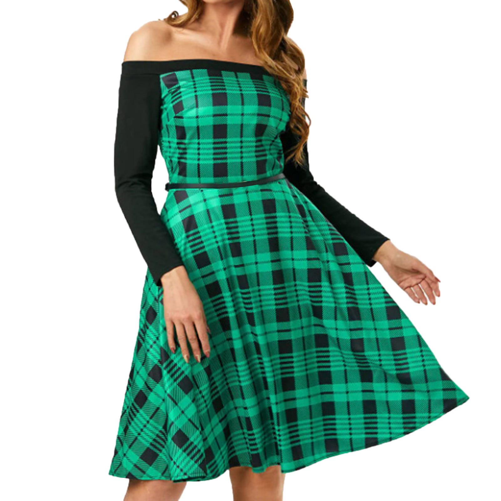 GWAABD Party Dress Women Plaid Print Vintage Off the Shoulder Long Sleeve Casual Elegant Party Dress