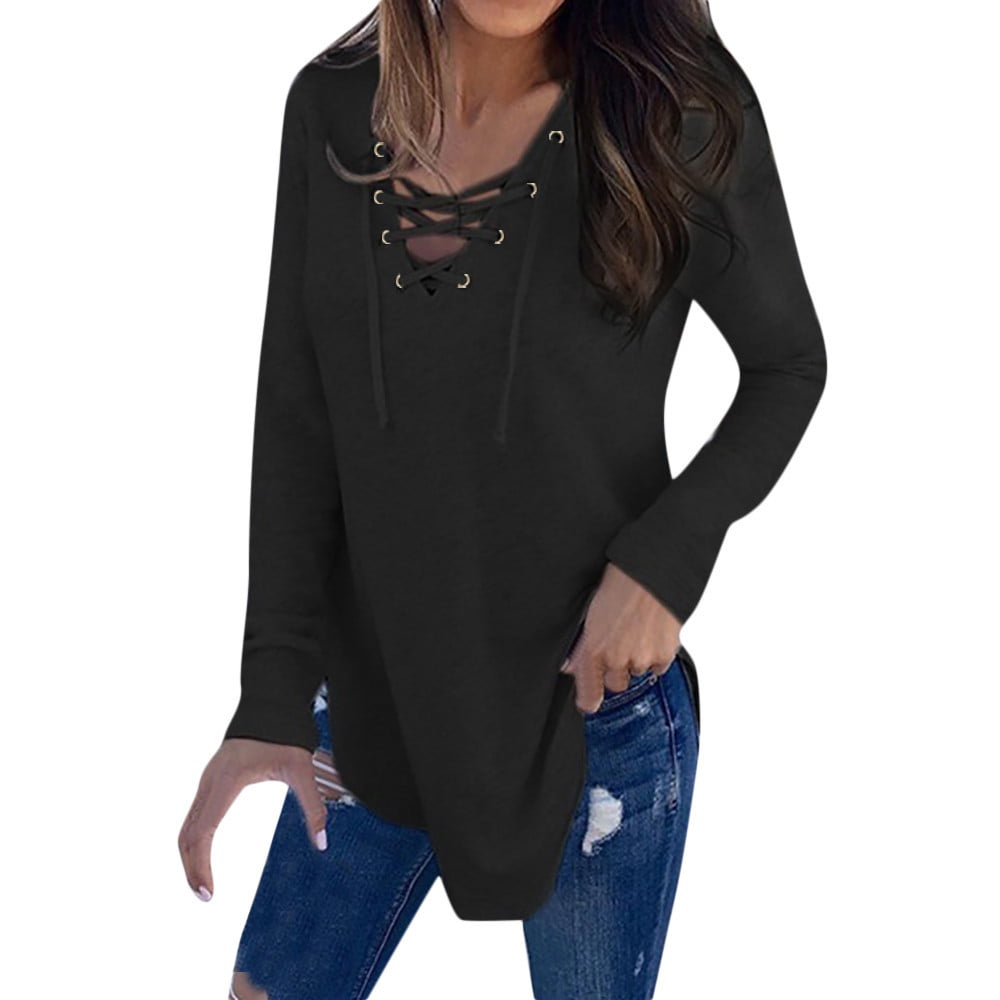 Long Sleeve Tops for Women  Women S Shirts Dressy Casual Plus Size Tops Women Ladies White Short Button Down Shirt V Neck Strap T-Shirt Top Autumn Blo
