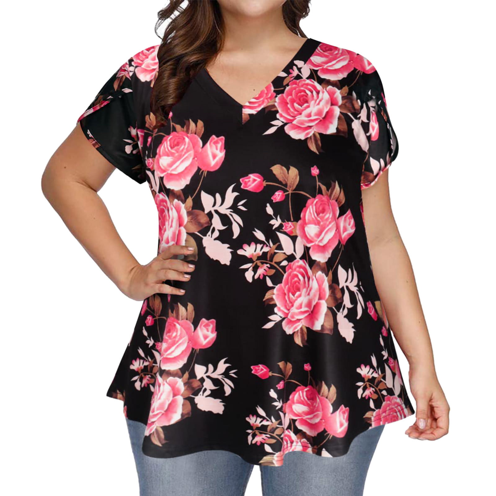 CLZOUD T-shirts for Women Trendy Black Plus Size Tops for Women Summer Petal Sleeve Casual Tshirts Short Sleeve Tunic Dressy Blouses Xxxl