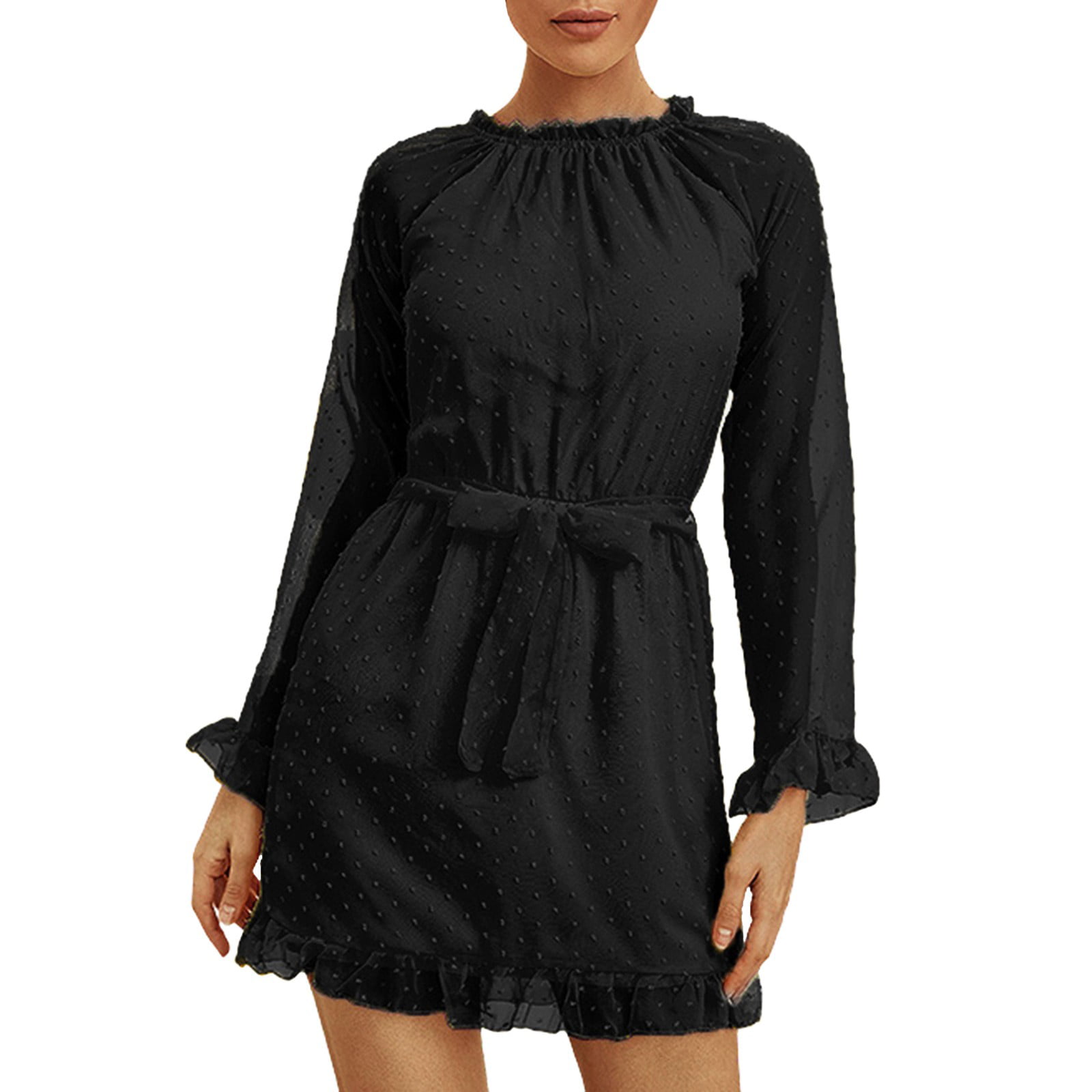 GWAABD Long Summer Dresses for Women 2023 Women Casual Solid Dress Round Neck Long Sleeve Dress Backless Loose Mini Dress