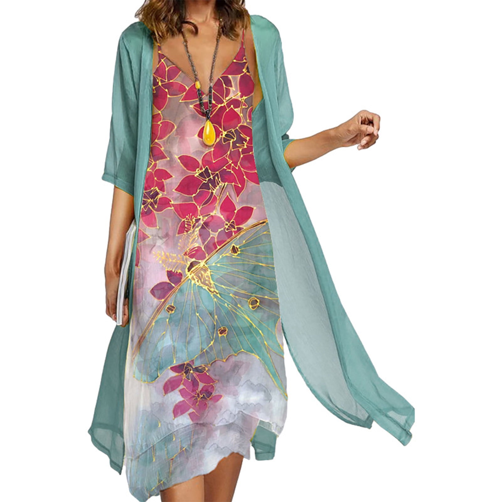 Women Plus Size Dresses Clearance Casual Floral Print Sleeveles Dress Solid Chiffon Two-Piece Set