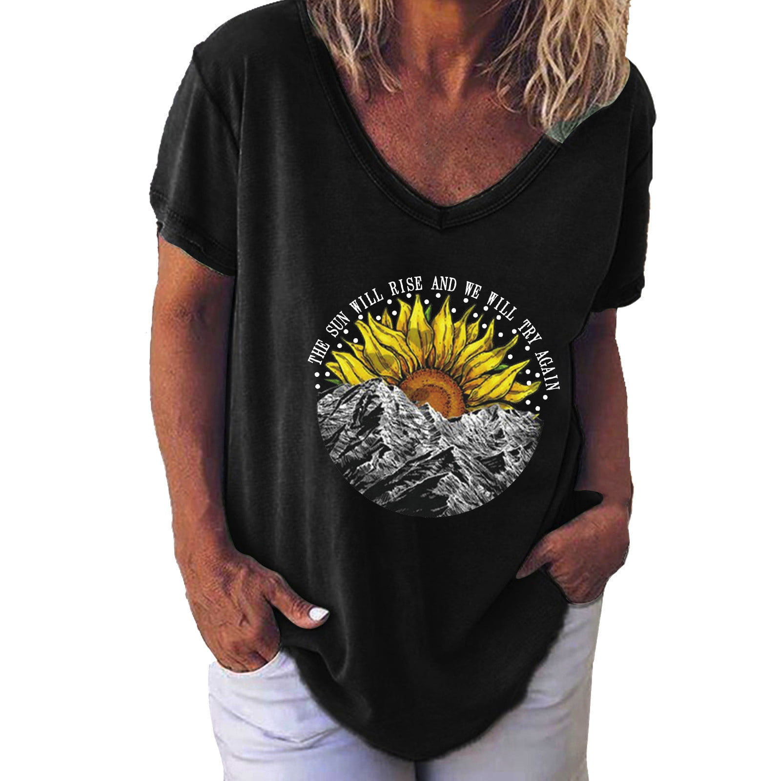 CLZOUD Casual Blouse for Women Black Women Fashion Casual Print V-Neck Loose Short Sleeve T-shirt Top Blouse Pullover Xl