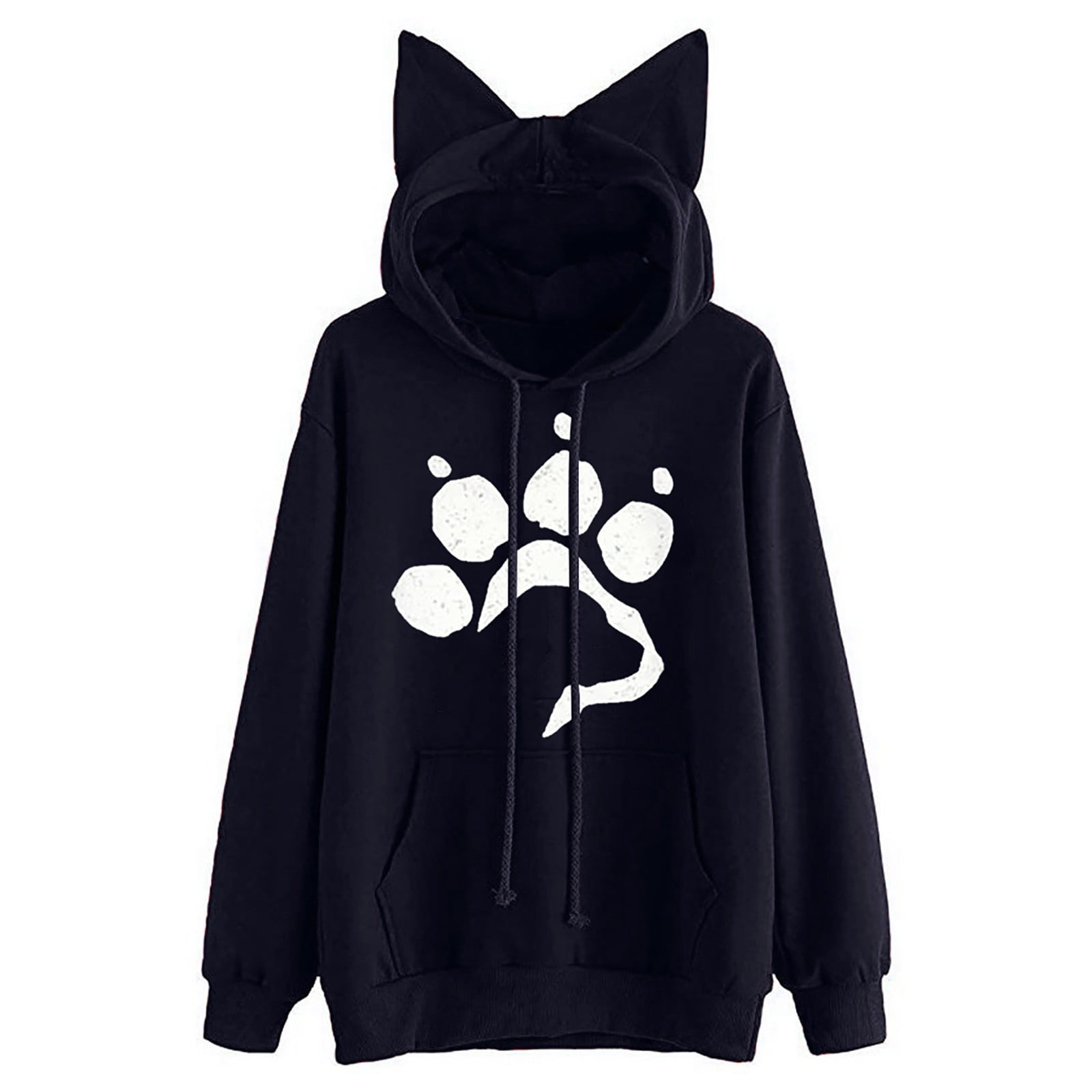 Women Hoodies Clearance Casual Cat Paw Print Long-Sleeved Pullover Hooded Thin Fleece Sweater