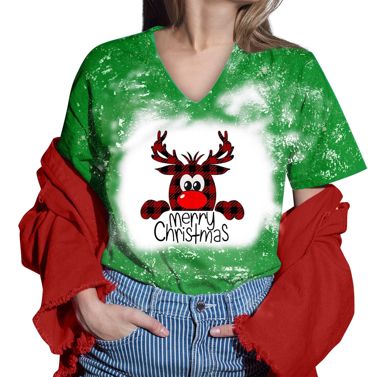 CLZOUD Fashion Blouse Women Green Women Printed Shirt for Womens Casual Short Tie Dye Sleeves Tops V Neck Tee Tunic Flower Loose Side Blouse L