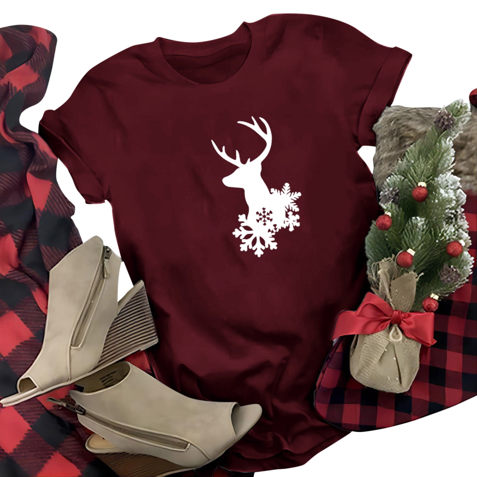GWAABD Plus Size Clothes for Women Trendy Women Casual Fun Christmas Snowflake Deer Print Round Neck Short Sleeve TShirt