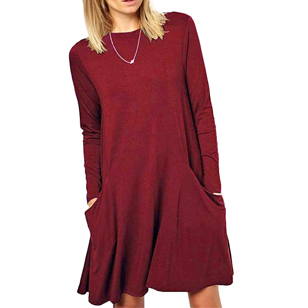 CLZOUD Comfy Dress for Women Polyester Women S Casual Pockets Plain Flowy Simple Swing T-Shirt Loose Tunic Dress L