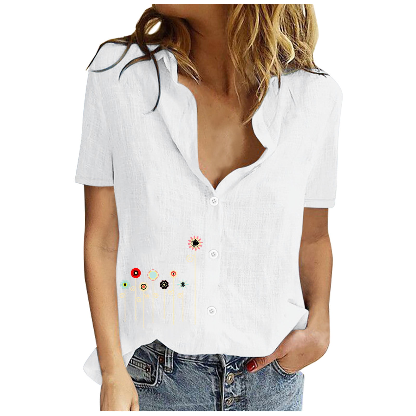 Womens Short Sleeve Tops Fashion Printed Button Cotton Linen Shirt Blouse Loose Fit Casual V-Neck Tops