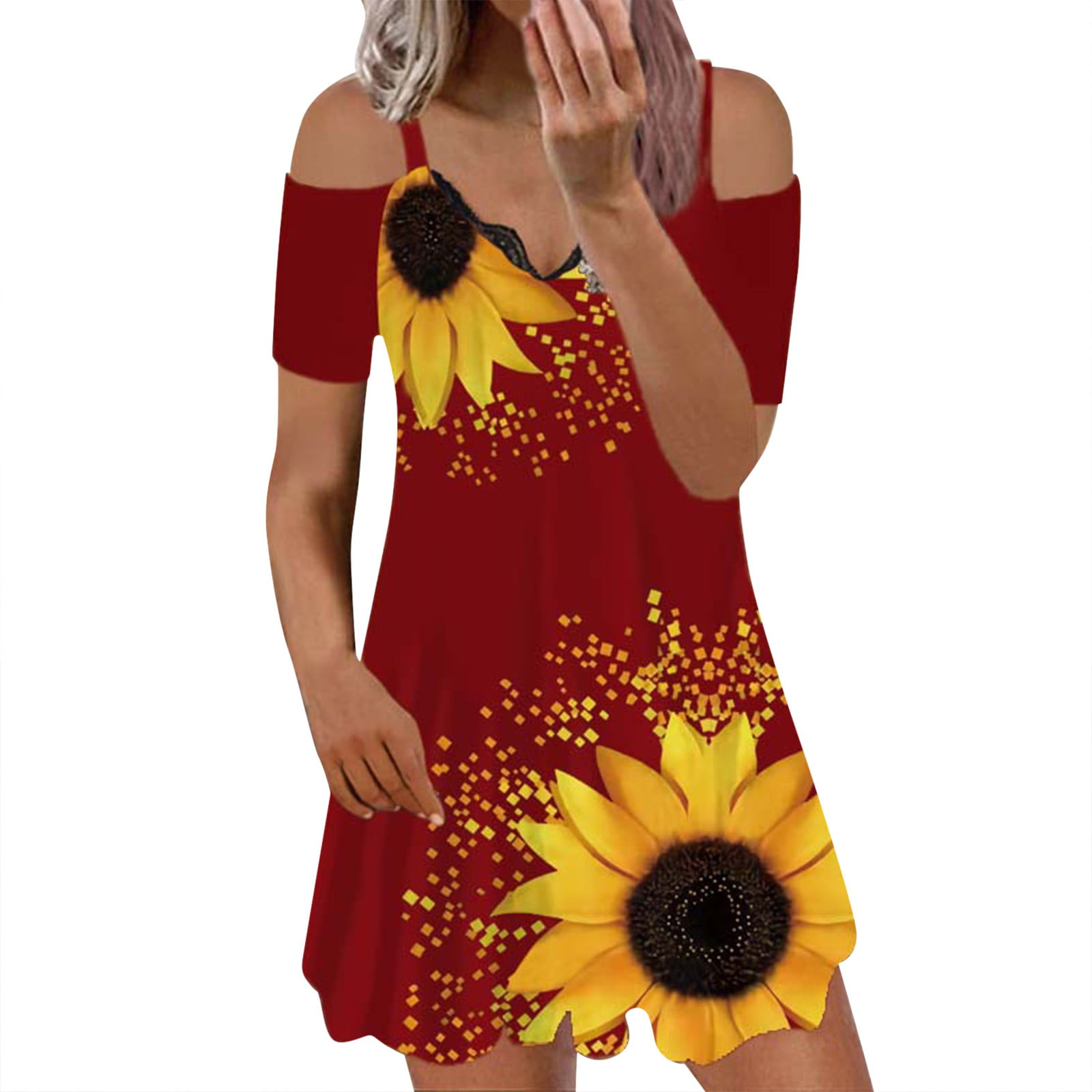 GWAABD Bohemian Dress for Women Summer Women’s Casual Summer T Shirt Dress Print Short Sleeve Tunic Straps Dress