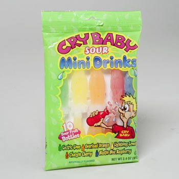 Wax Bottles Cry Baby Sour Fruit Mini Drinks 10Ct in Peg, Case Pack of 12