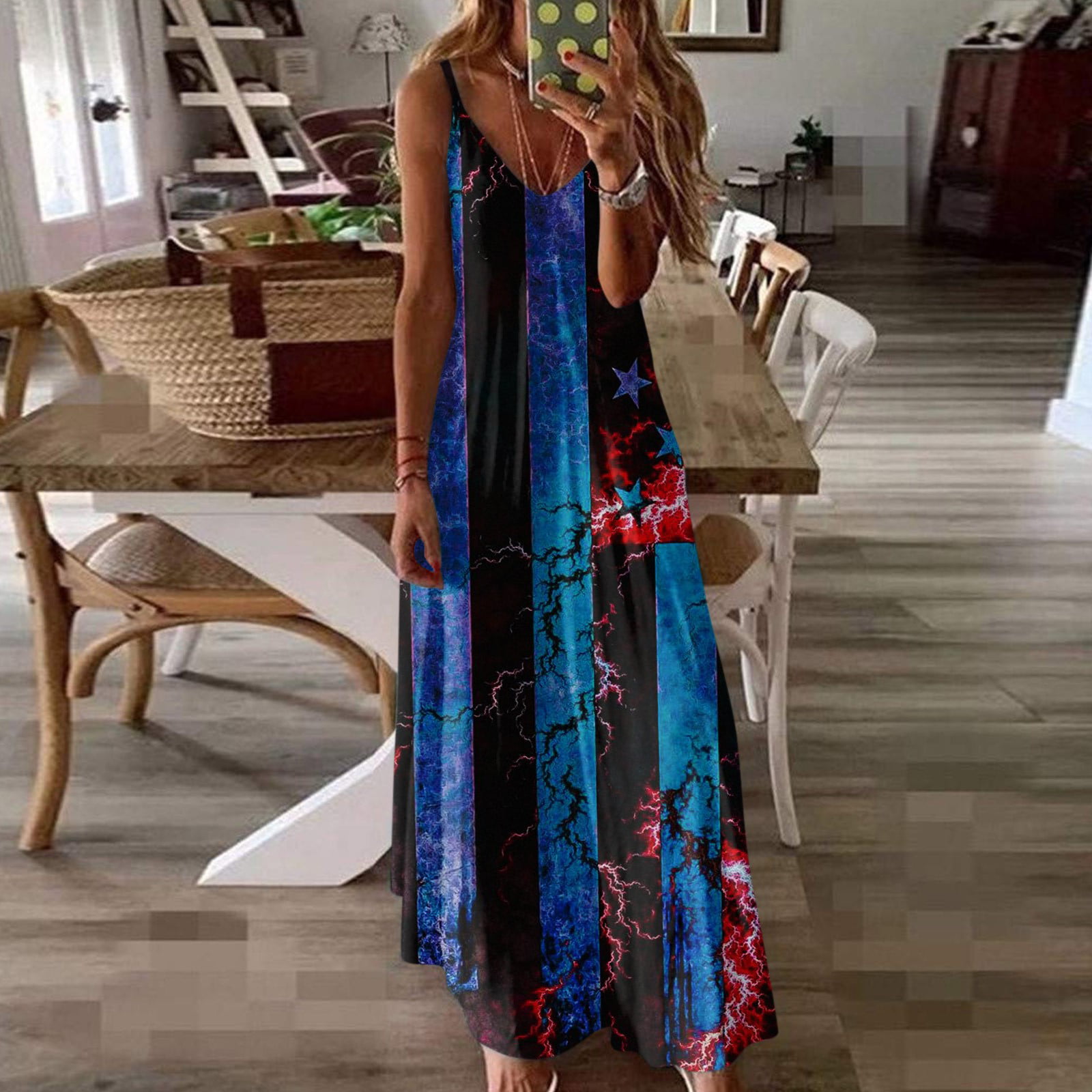 Perfect Summer Gift HIMIWAY Maxi Cheap MIDI Wedding Guest Plus Size Women 2289 Summer Loose Casual Large Size Independence Day V-Neck Sleeveless Dress