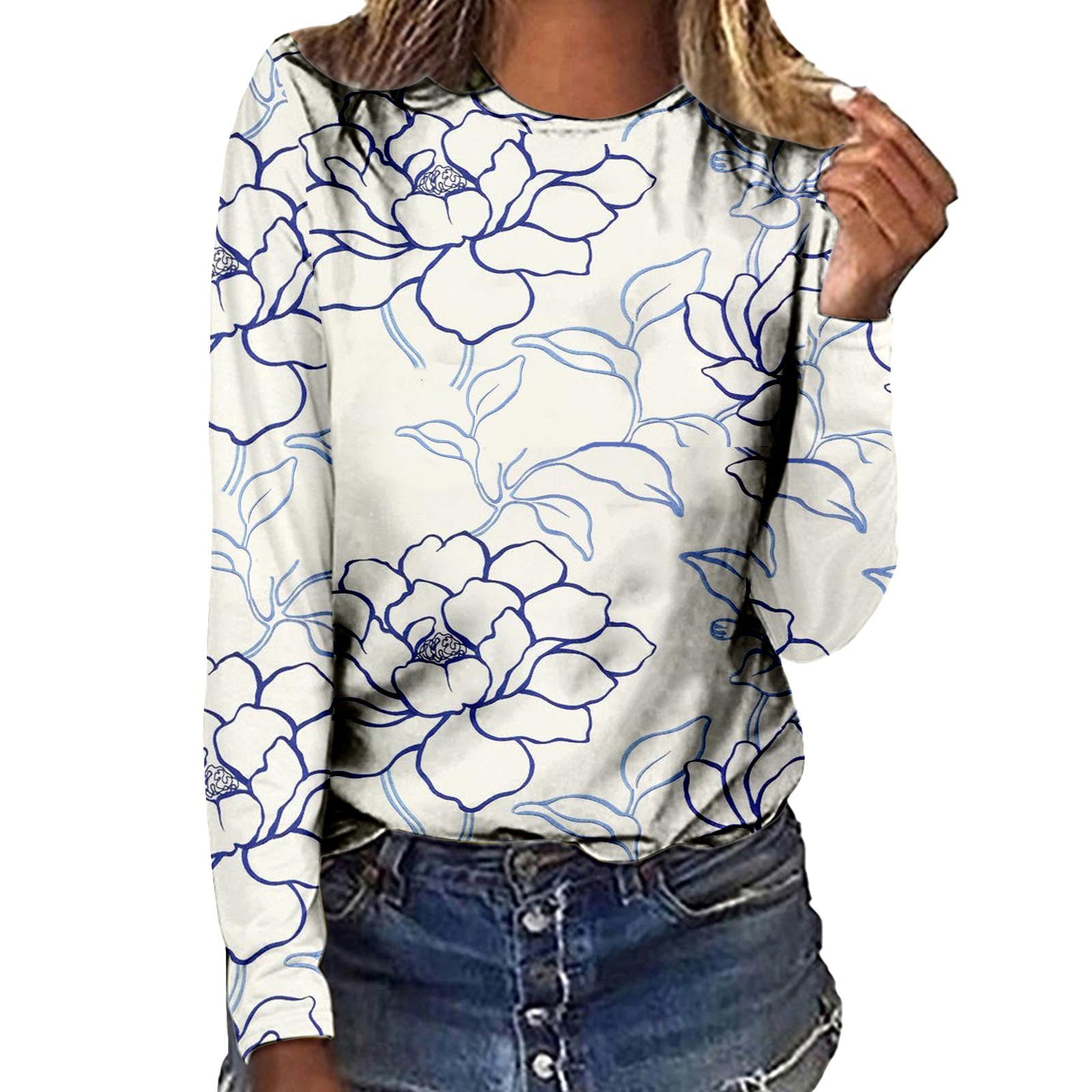 CLZOUD Casual Blouse for Women White Cotton Blends Womens Rose Batterfly Prints O Neck Long Sleeve Shirt Tops Blouse M