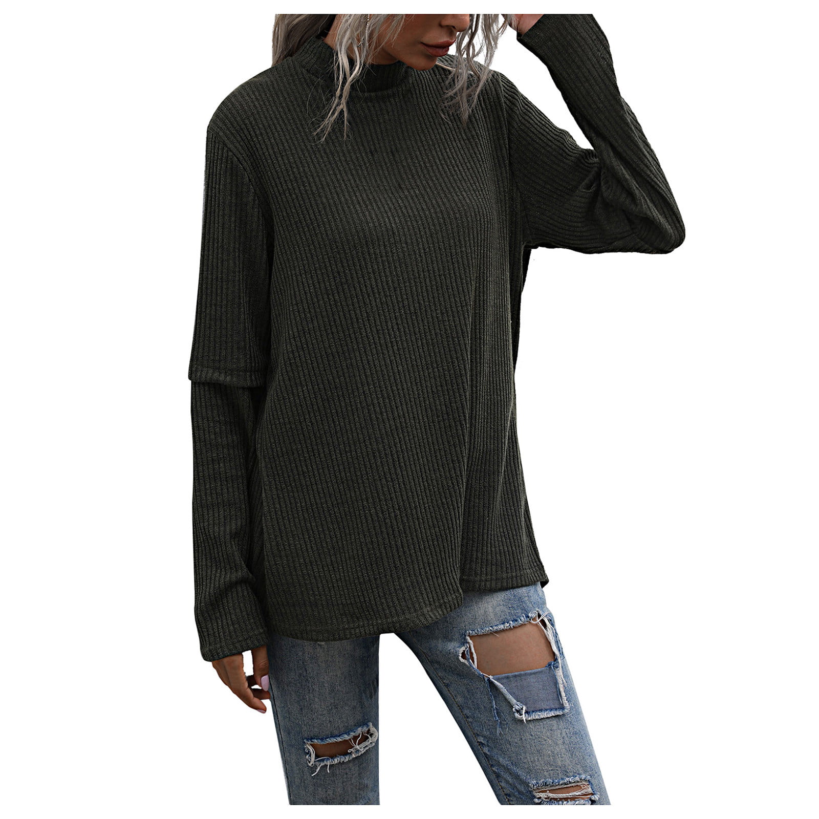 CLZOUD Business Shirts for Women Green Women S Solid Color Long-sleeved Medium-length Top M