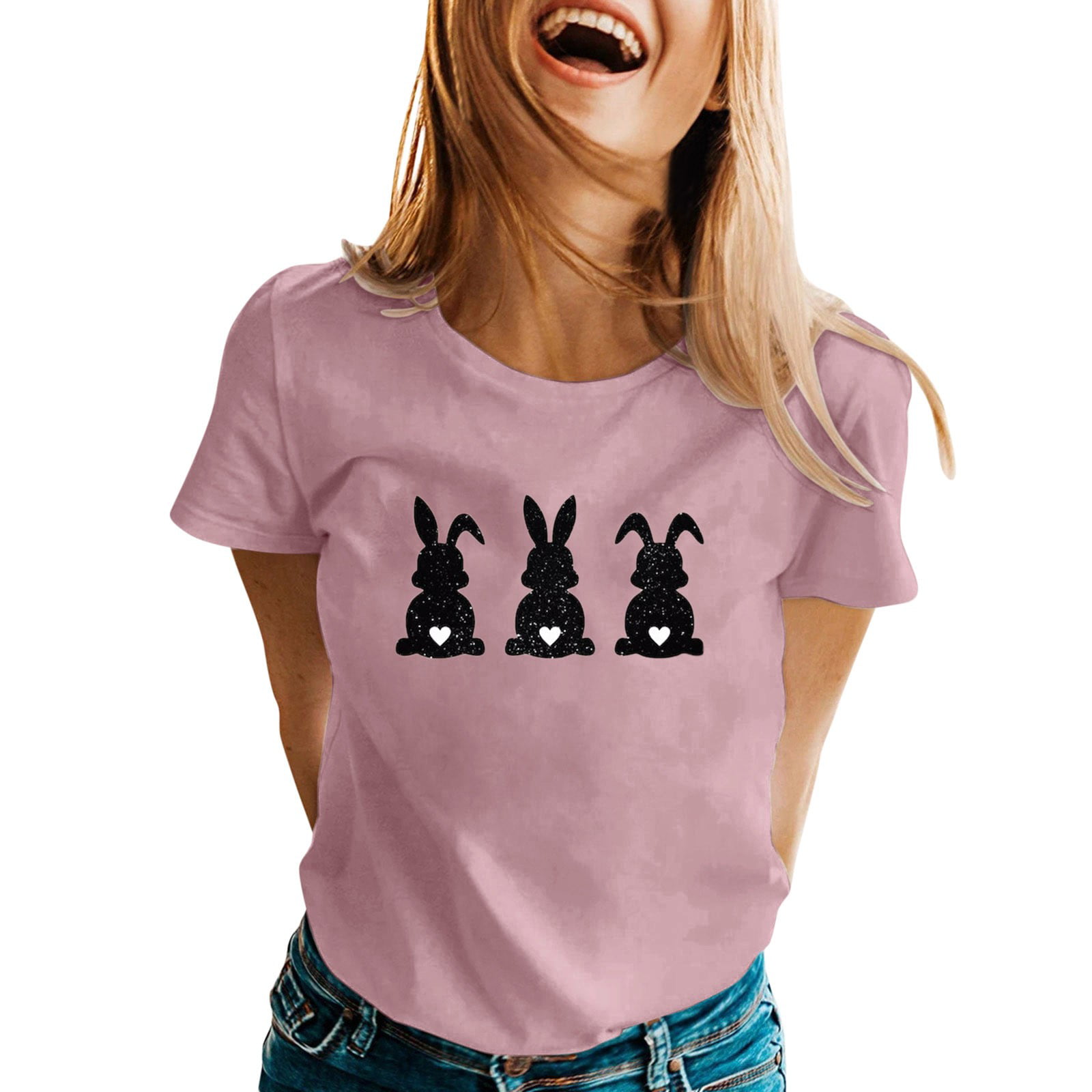 GWAABD Womans Sweatshirts Womens Spring Summer Rabbit Printed Short Sleeve O Neck T Shirt Top