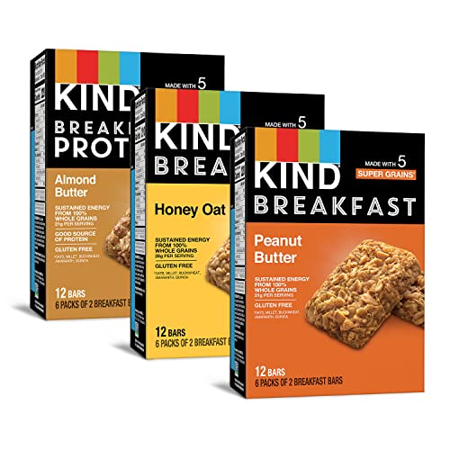 KIND Breakfast Bars, Variety Pack, Honey Oat, Almond Butter, Peanut Butter, Healthy Snacks, Gluten Free, 18 Count