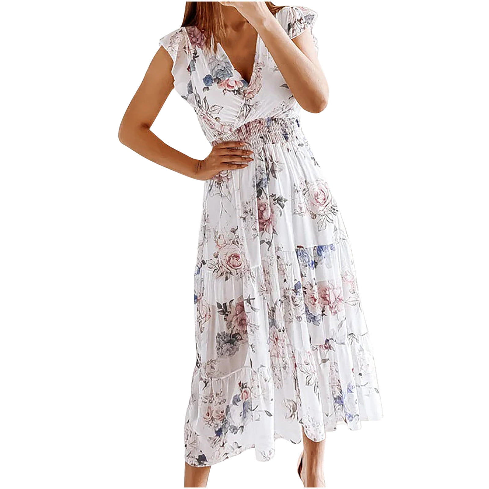 Fall Dresses for Women Clearance Bohemian V-neck Loose Short Sleeve Ruffles Print Mini Dress