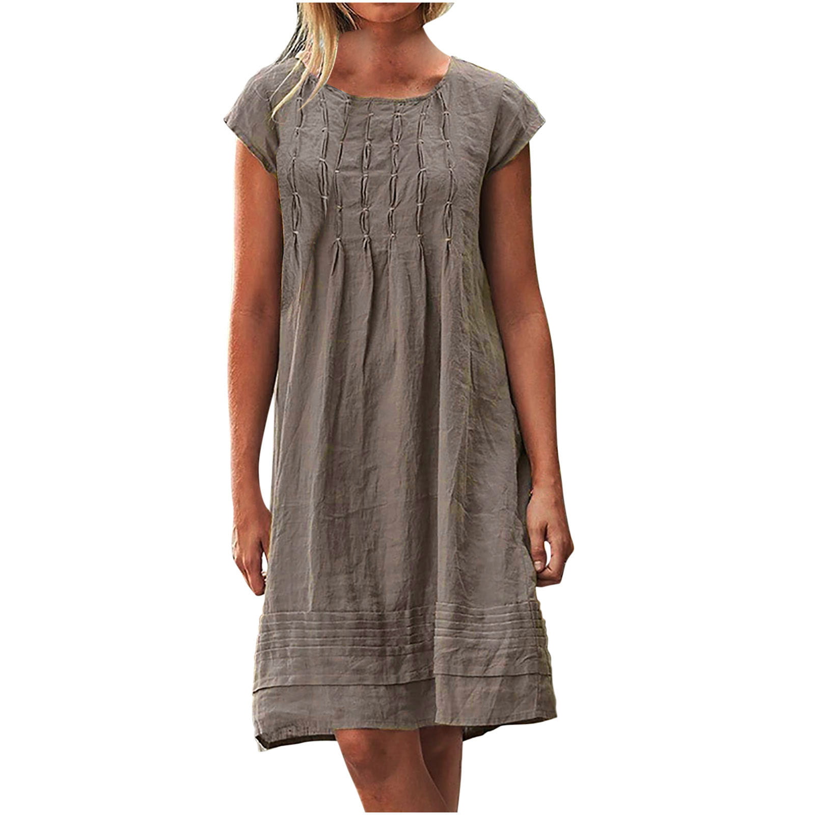 Fall Dresses for Women Clearance Cotton and Linen Crewneck Loose Short Sleeve Solid Mini Dress