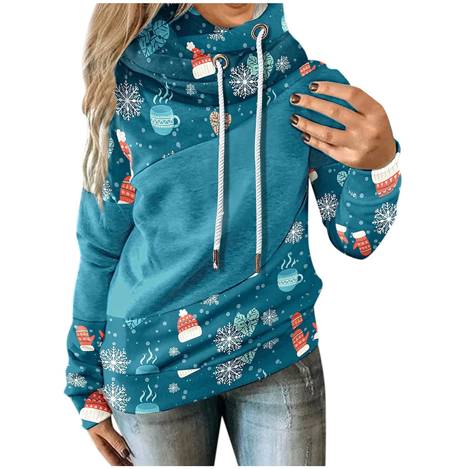 Hoodies Woman Clearance  Christmas Women Print Long Sleeve Comfortable Breathable Hooded Tops Drawstring