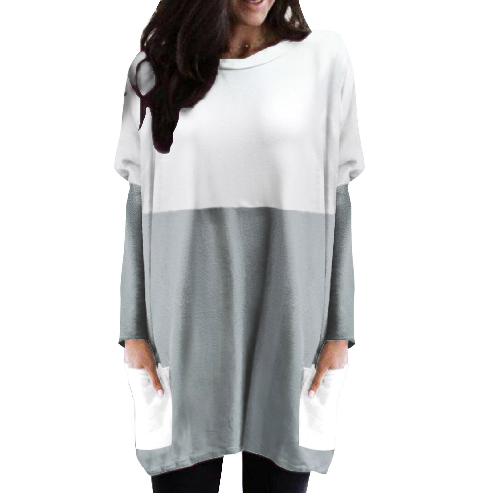 GWAABD Fashion for Women Women Casual Solid Dress Round Neck Splice Long Sleeve Pocket Long Shirt Top
