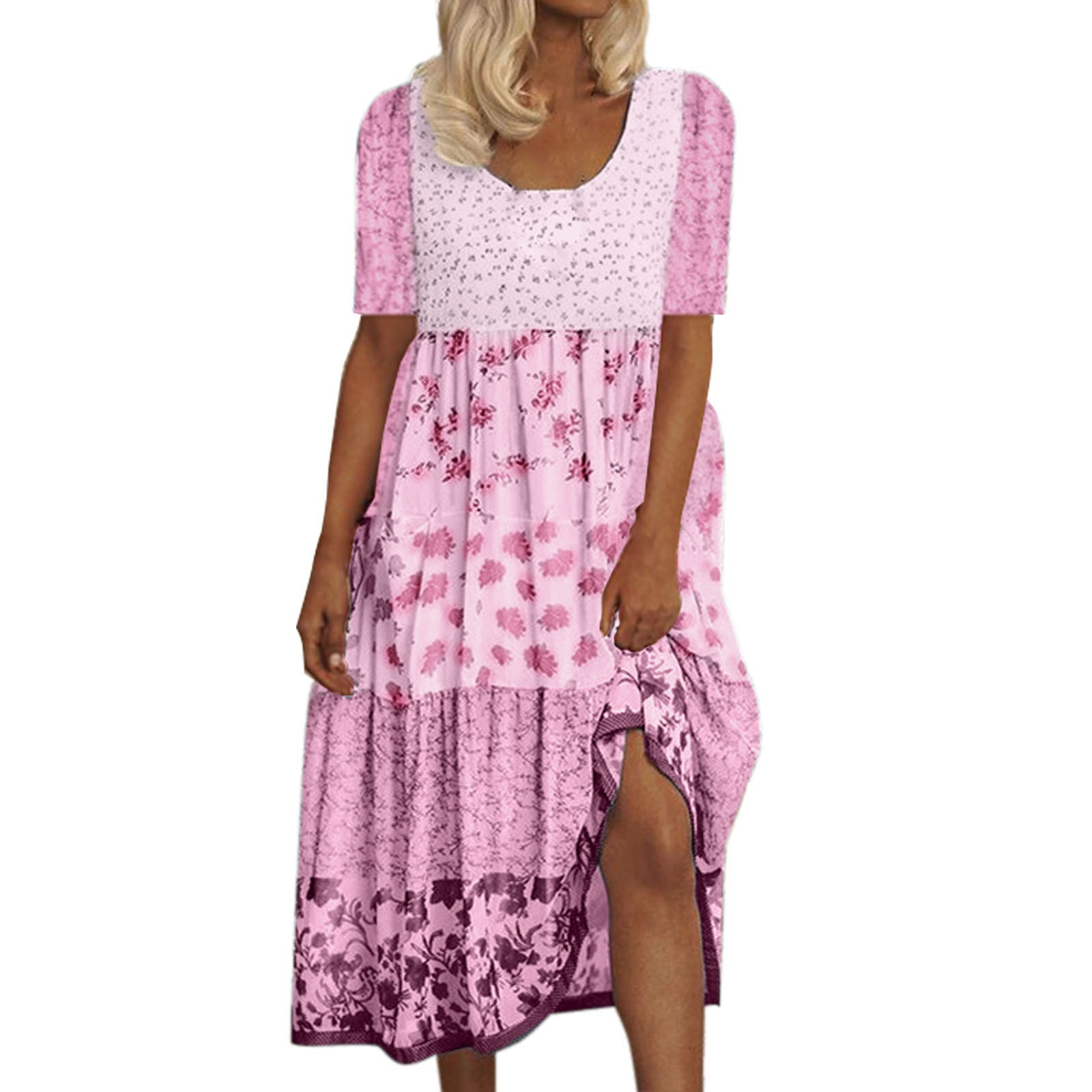 GWAABD Black Work Dress Women S Bohemian Floral Print Round Neck Short Sleeve Beach Flowy Party Maxi Dress