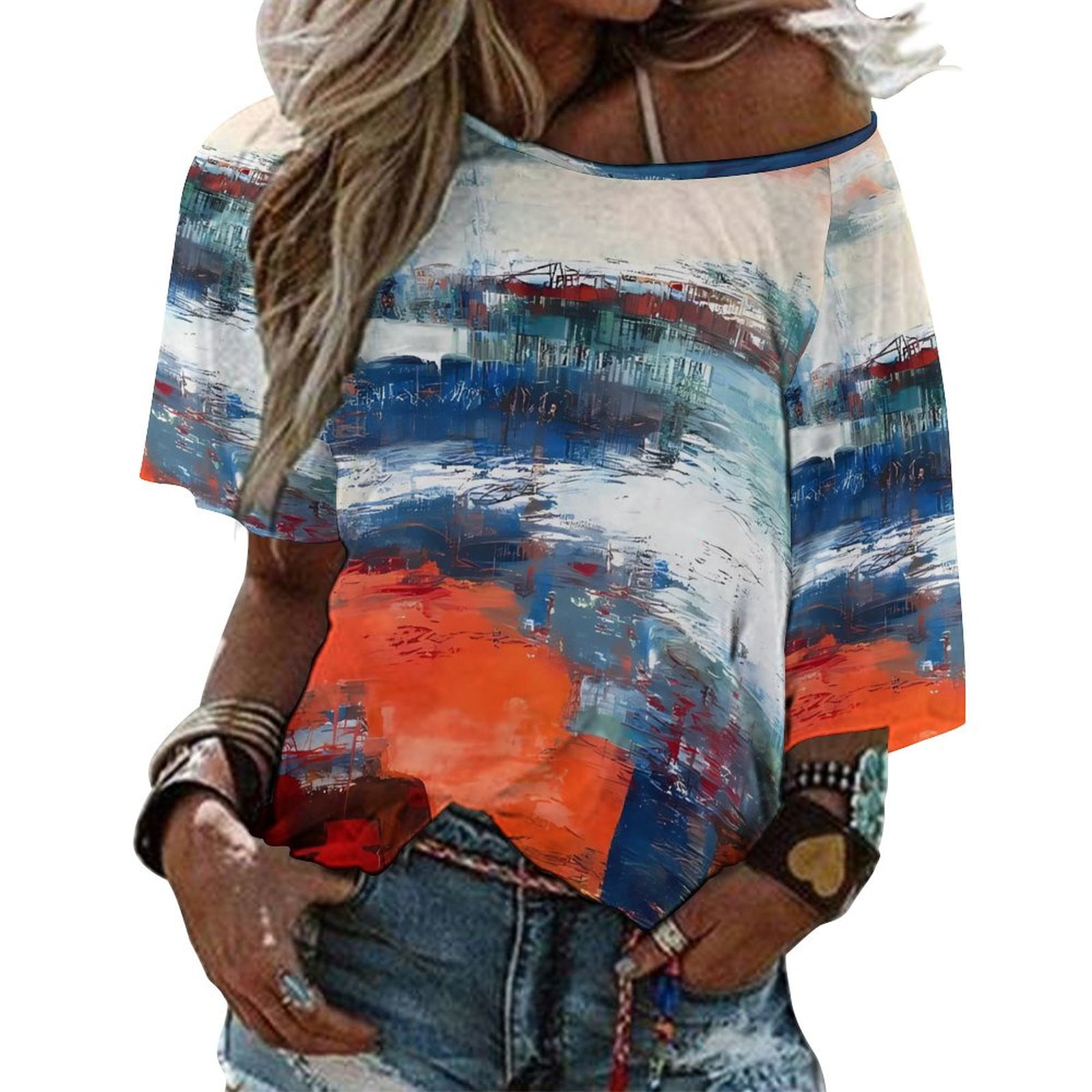 GWAABD Womens V Neck T Shirts Women Boho Loose Top Summer Blouse T Shirt One Plus Size Floral Printed Shoulder Women S Blouse
