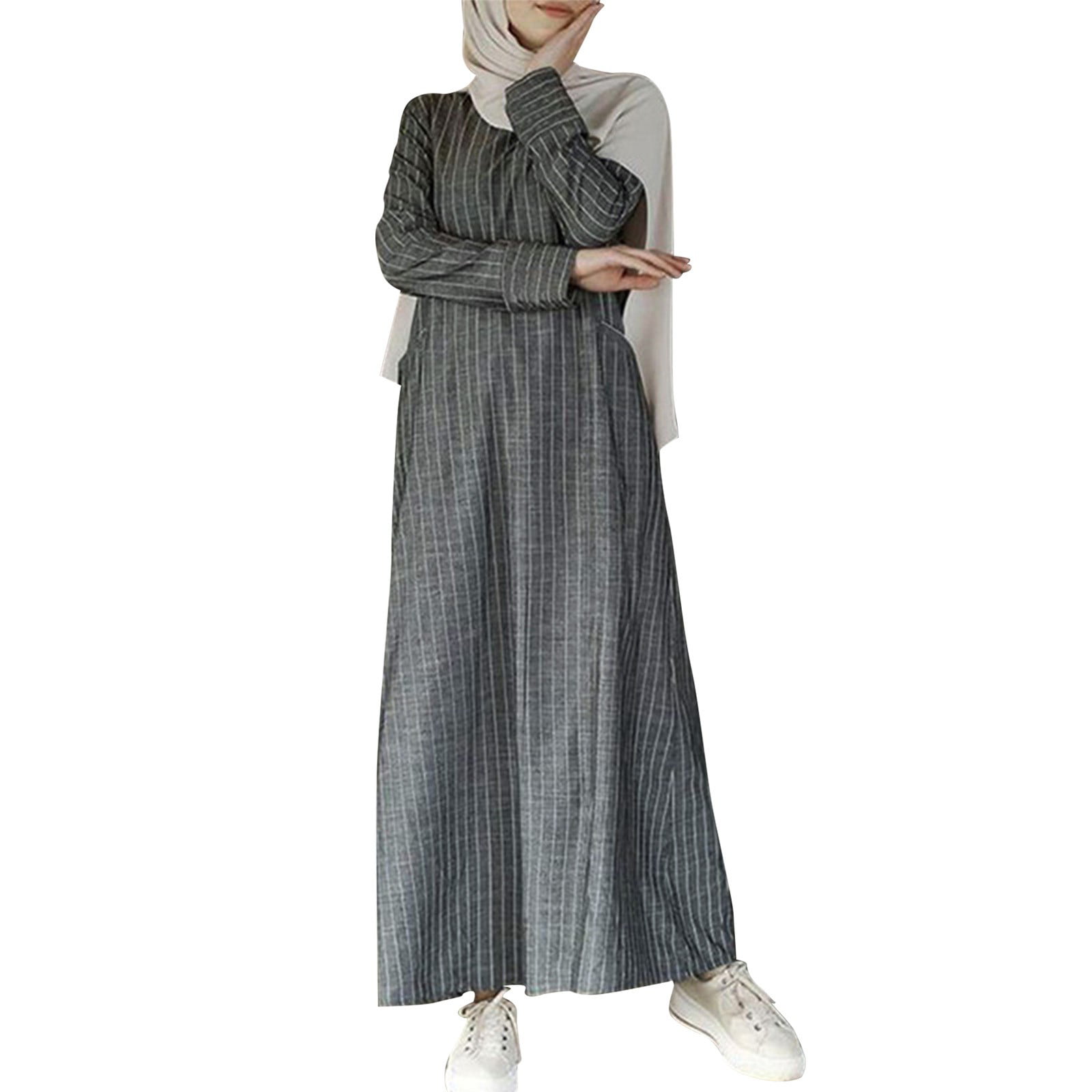 CLZOUD Summer Dresses for Women Grey Polyester Women S Abaya Dress Prayer Dress Full Length Kaftan with Hijab Dubai Maxi Dress S