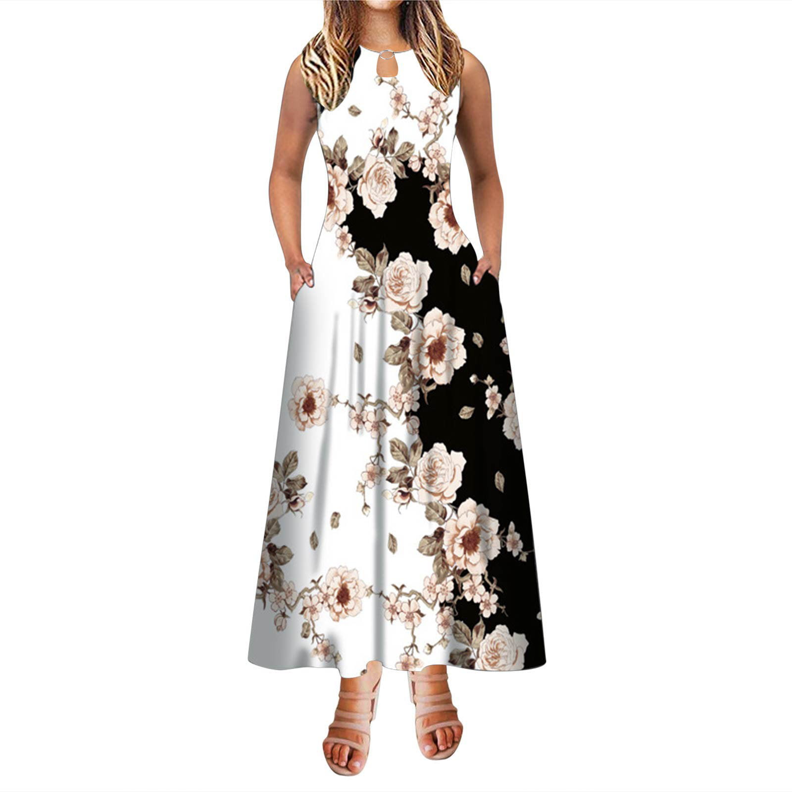 CLZOUD Summer Dresses for Women White Polyester Spandex Women a Line Dress Maxi Long Dress Sleeveless Floral Print Pocket Print Spring Summer Round Ne