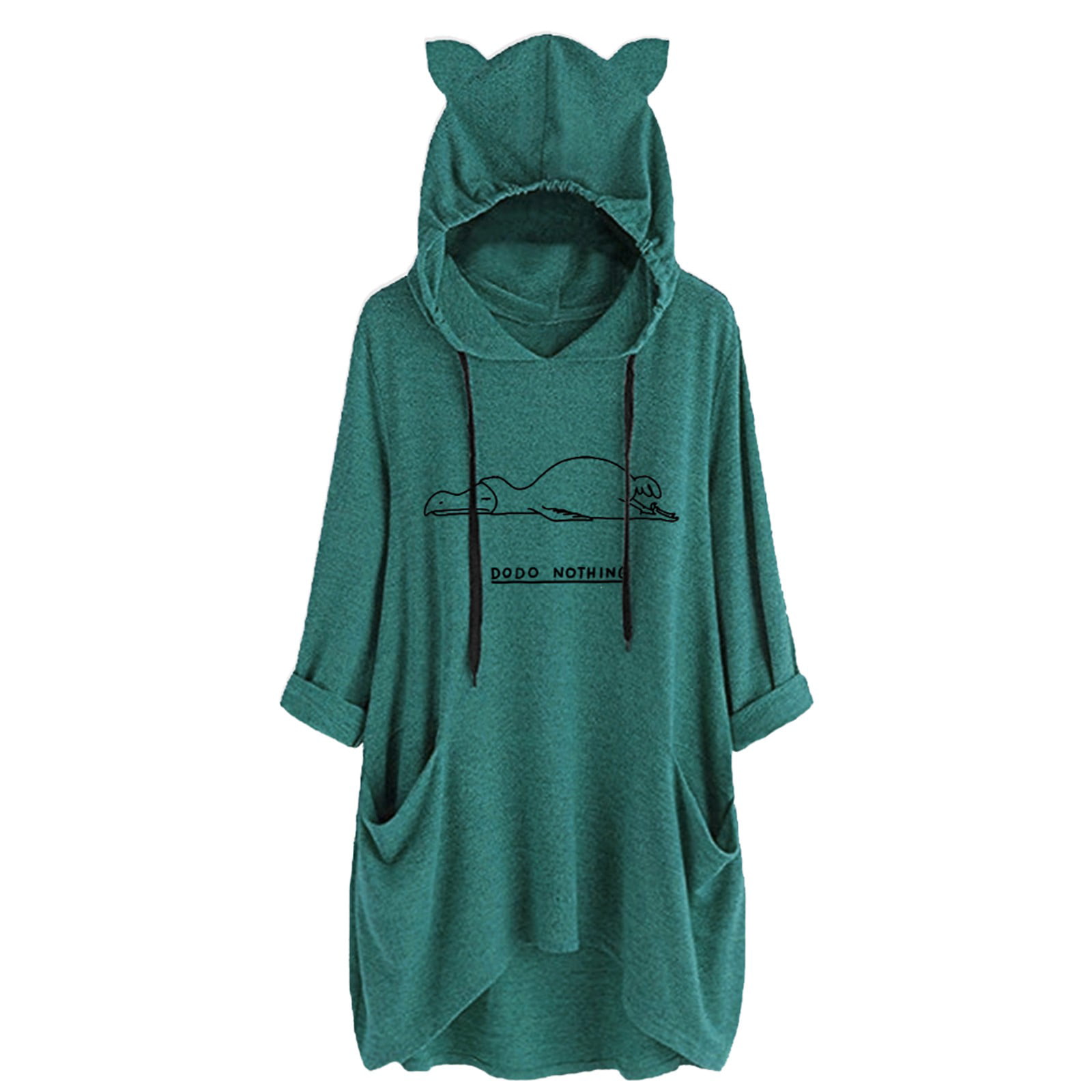 CLZOUD Work Shirt for Women Green Women S Ear Hat Mid-length Blouse Mid-sleeve Cute Printed Hooded Loose Top M
