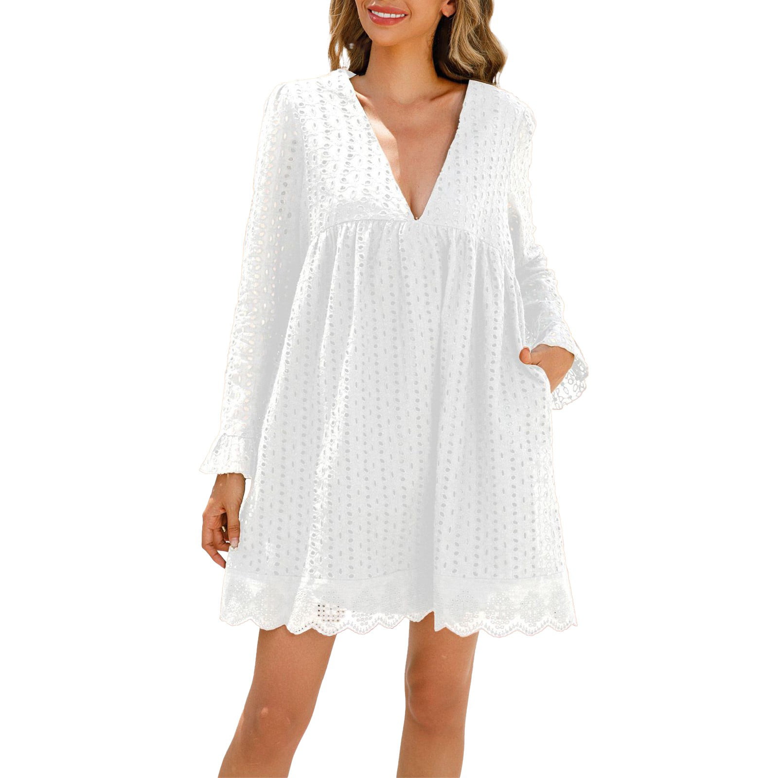 GWAABD Smocked Boho Dress Women S Solid Lace Jacquard Long Sleeve Cutout Pocket V Neck Dress Lined Shorts