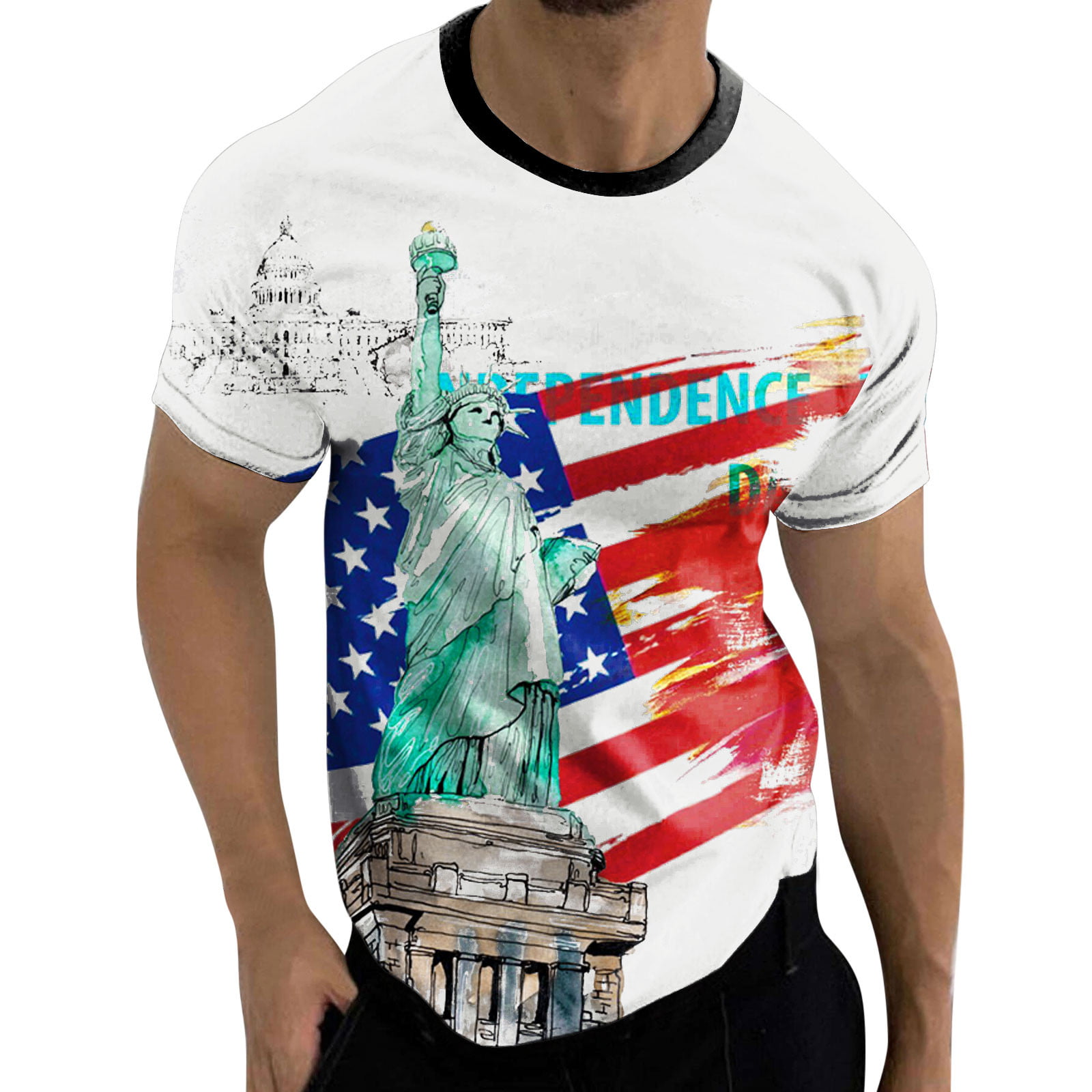Independence Day T Shirt for Men Fashion Casual 3D Digital Print Short Sleeve Top Stars and Stripes 4th of July Graphic Tees Men White L