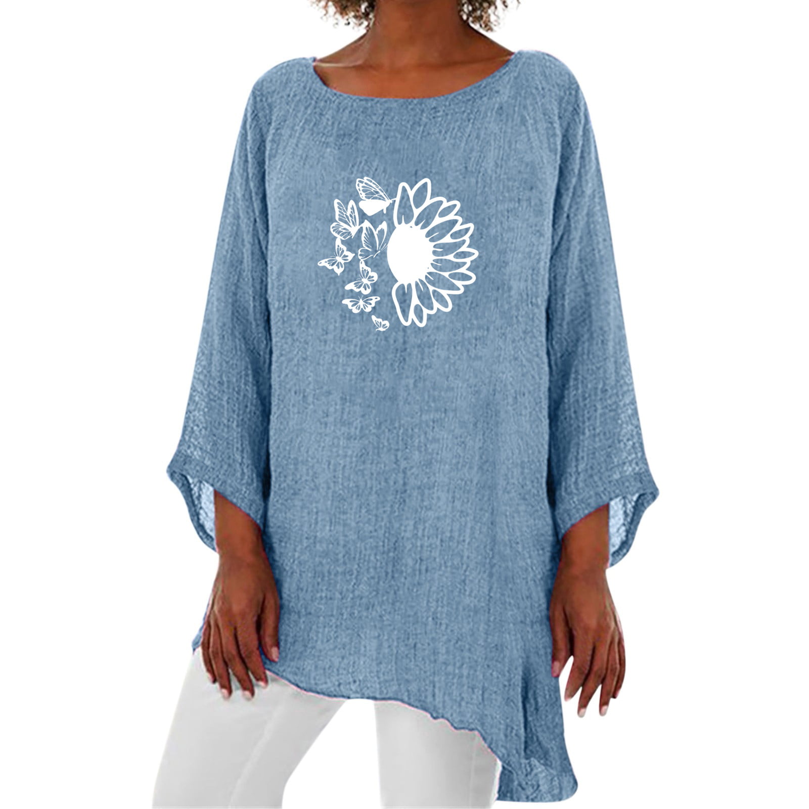 GWAABD Long Sleeve Shirt for Women Women Casual Round Neck Three Quarter Sleeves Dandelion Butterfly Print Cotton Linen Top