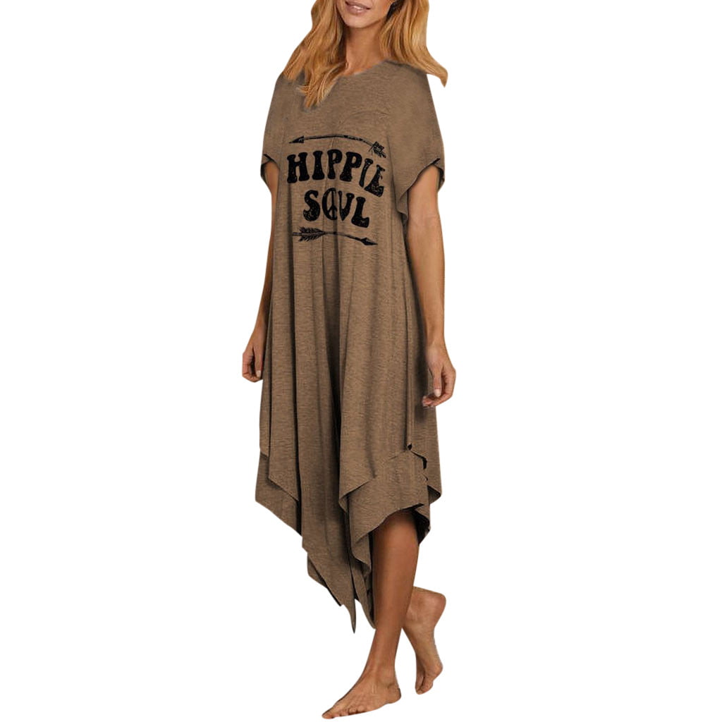CLZOUD Flowy Summer Dresses Coffee Polyester Women Letters Printing Tank Top Dress Short Sleeve O Neck Casual Dress Xl