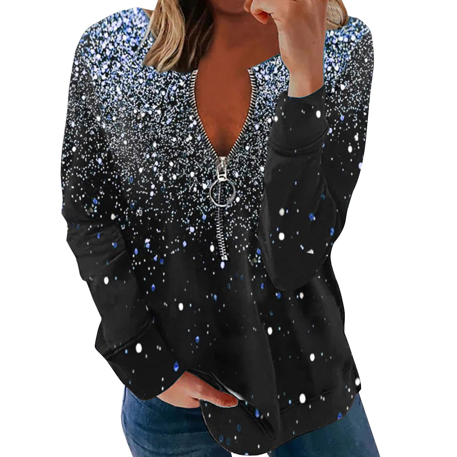 CLZOUD Shirts for Women Business Casual Blue Women Casual Sequin Print Long Sleeve Round Neck Loose Splice Zipper T-Shirt Blouse Tops M
