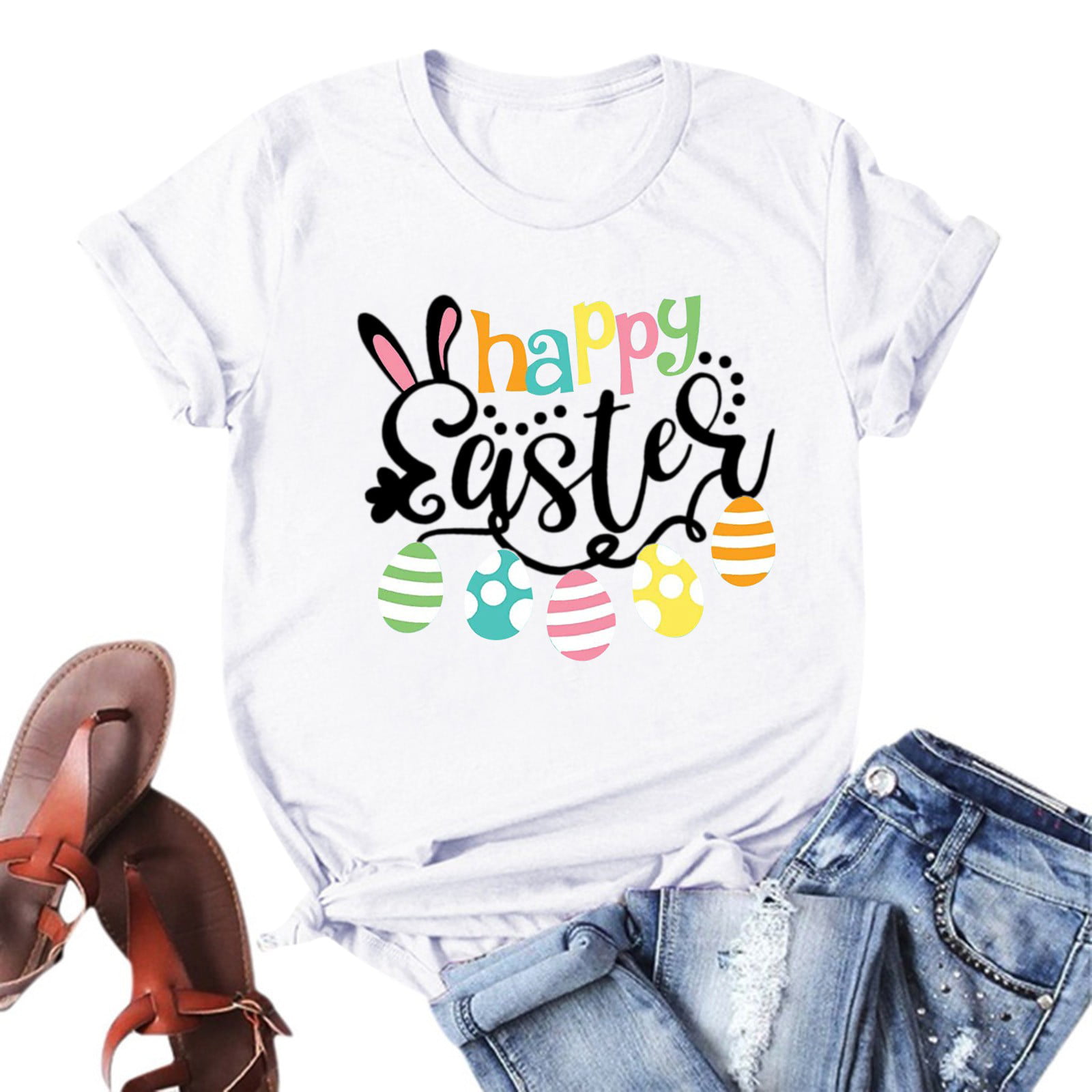 GWAABD Trendy Tops Women Women Easter Day Top Shirt Short Sleeve Crewneck Cute Rabbit Letter Printed T Shirt Casual Loose Tee Top