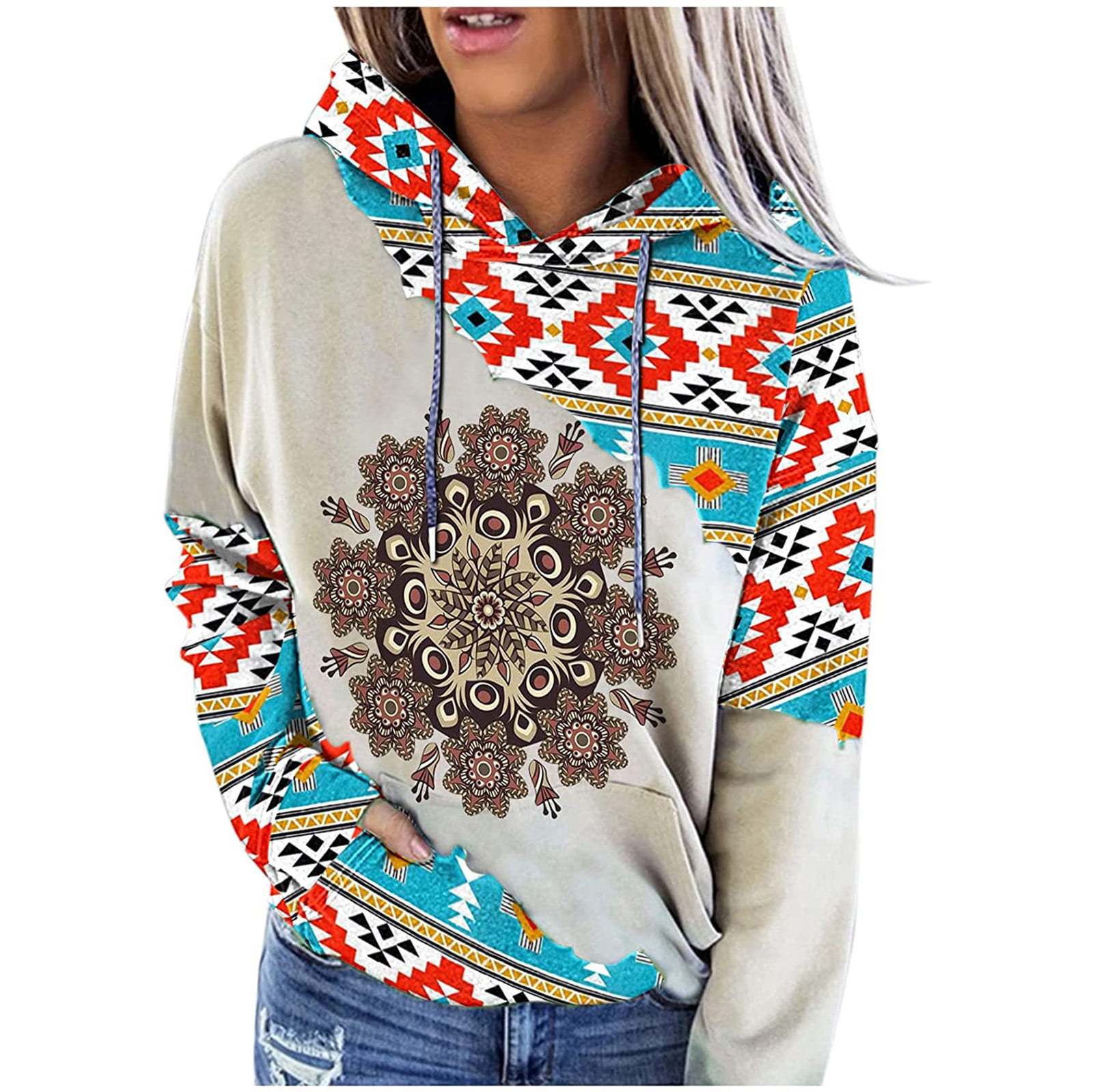 Hoodies Woman Clearance  Women Geometric Print Sweatshirt Hooded Stitching Printed Loose Tops Blouse