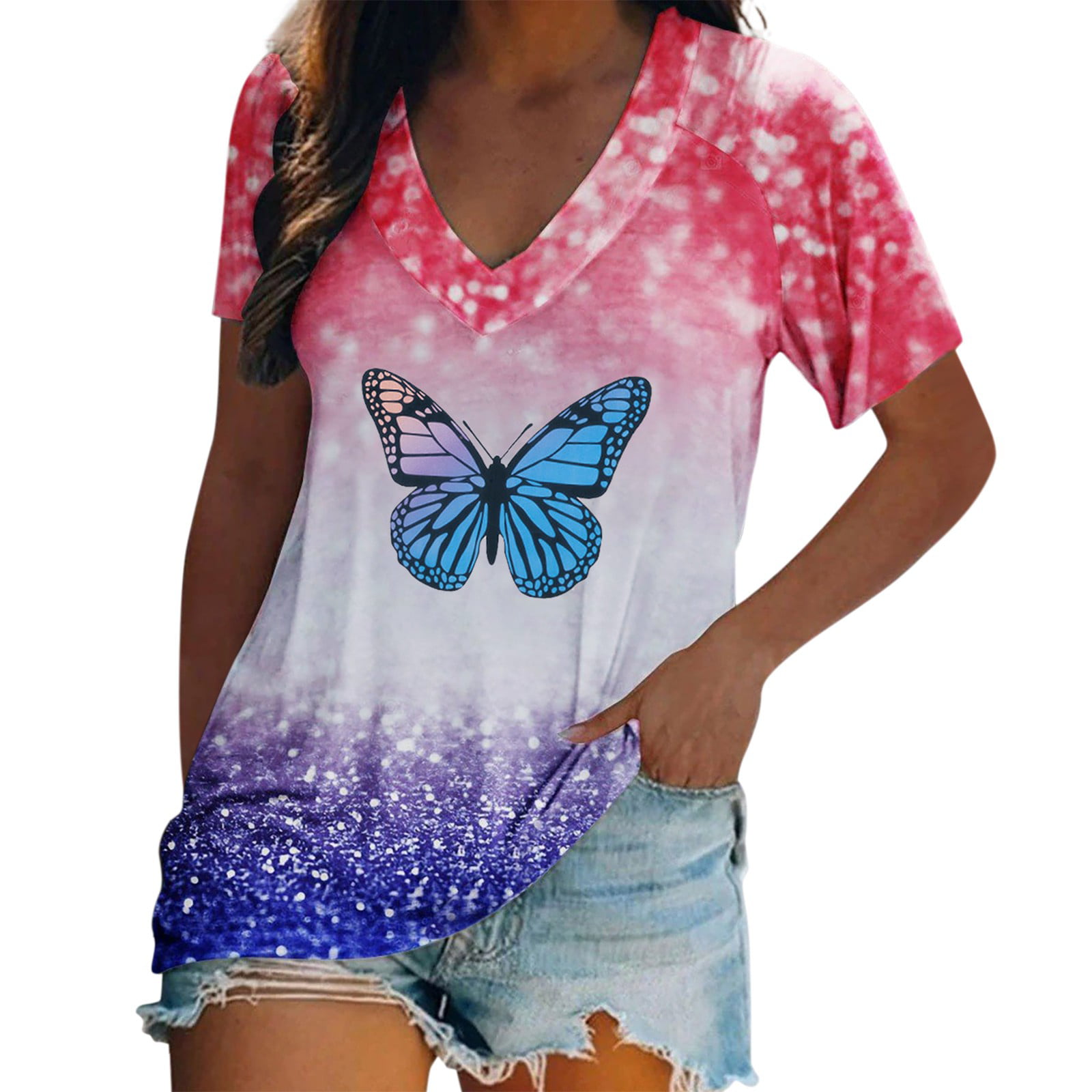 CLZOUD Women Summer Shirts Blue Women Tie Dye T Shirt V Neck Short Sleeve Shirts Gradient Color Tee Casual Butterfly Print Top Fashion Blouse Tops Blo