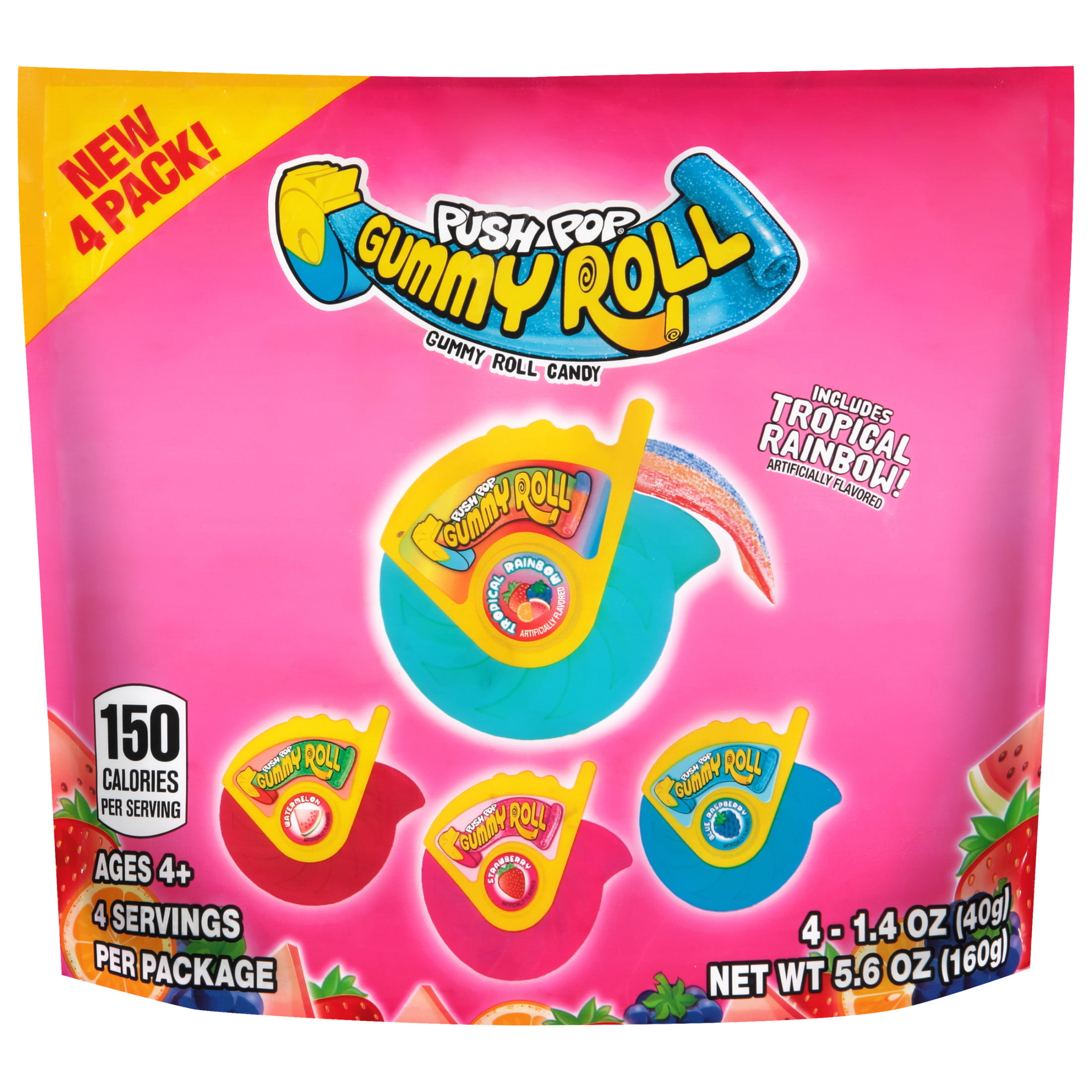 Push Pop Assorted Fruit Flavored Gummy Roll Candy  Variety Pack 5.6oz Bag  4 - 1.4 Oz Regular Size Gummy Rolls