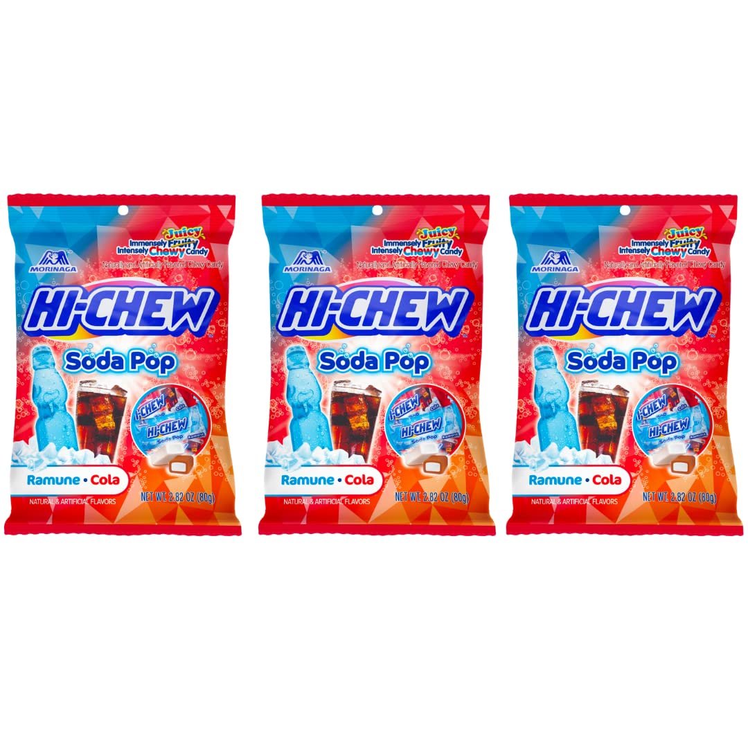 Hi Chew Sensationally Chewy Individually Wrapped Japanese Fruit Candy - Pack of 3 Peg Bags Soda Pop - Ramune & Cola