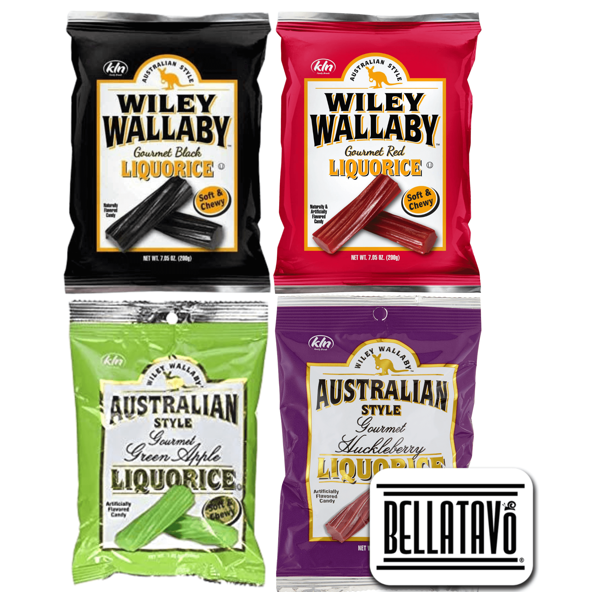 Licorice Candy Variety Pack. Includes Four-7.05 Oz Bags of Wiley Wallaby Licorice Plus a BELLATAVO Fridge Magnet. One of Each: Red Strawberry  Green A