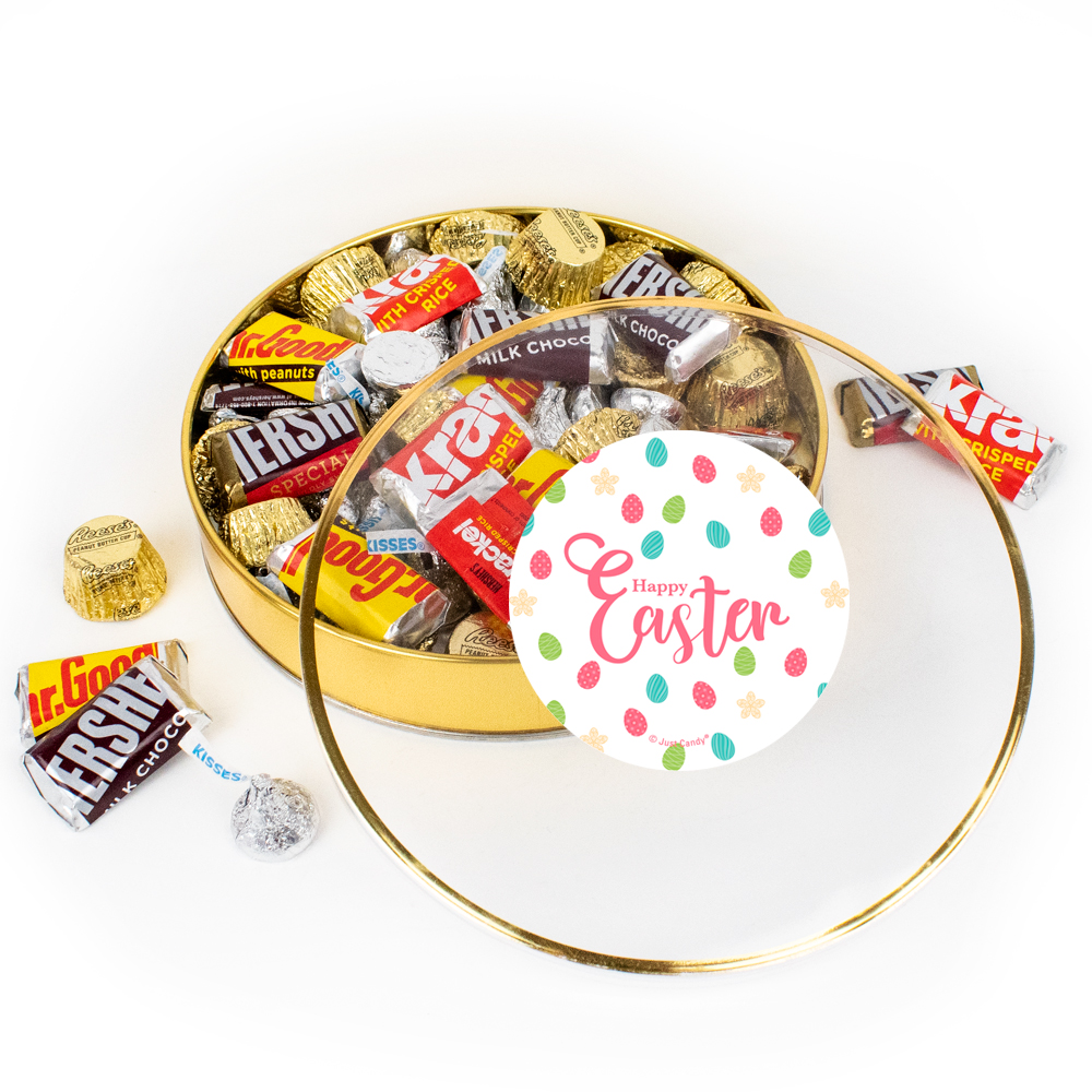 Just Candy Easter Chocolate Gift Tin - Plastic Tin with Candy Hershey's Kisses, Hershey's Miniatures & Reese's Peanut Butter Cups, 67 Pieces - Assorte