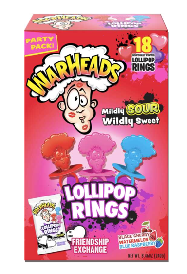 Flix Valentine S Day Lollipop Ring  WarHeads Sour & Sweet Fruity Hard Candy Ring Pops - 18 Count (8.46 Ounce) Box