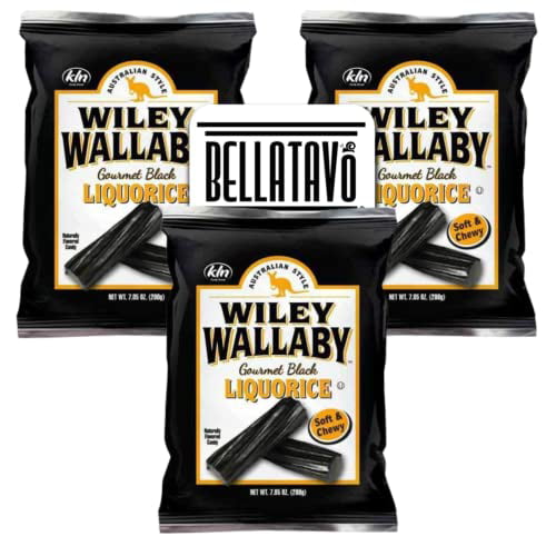 Gourmet Licorice Bundle. Includes Three-7.05 Oz Bags of Wiley Wallaby Gourmet Licorice Plus a BELLATAVO Fridge Magnet! (Black Licorice)